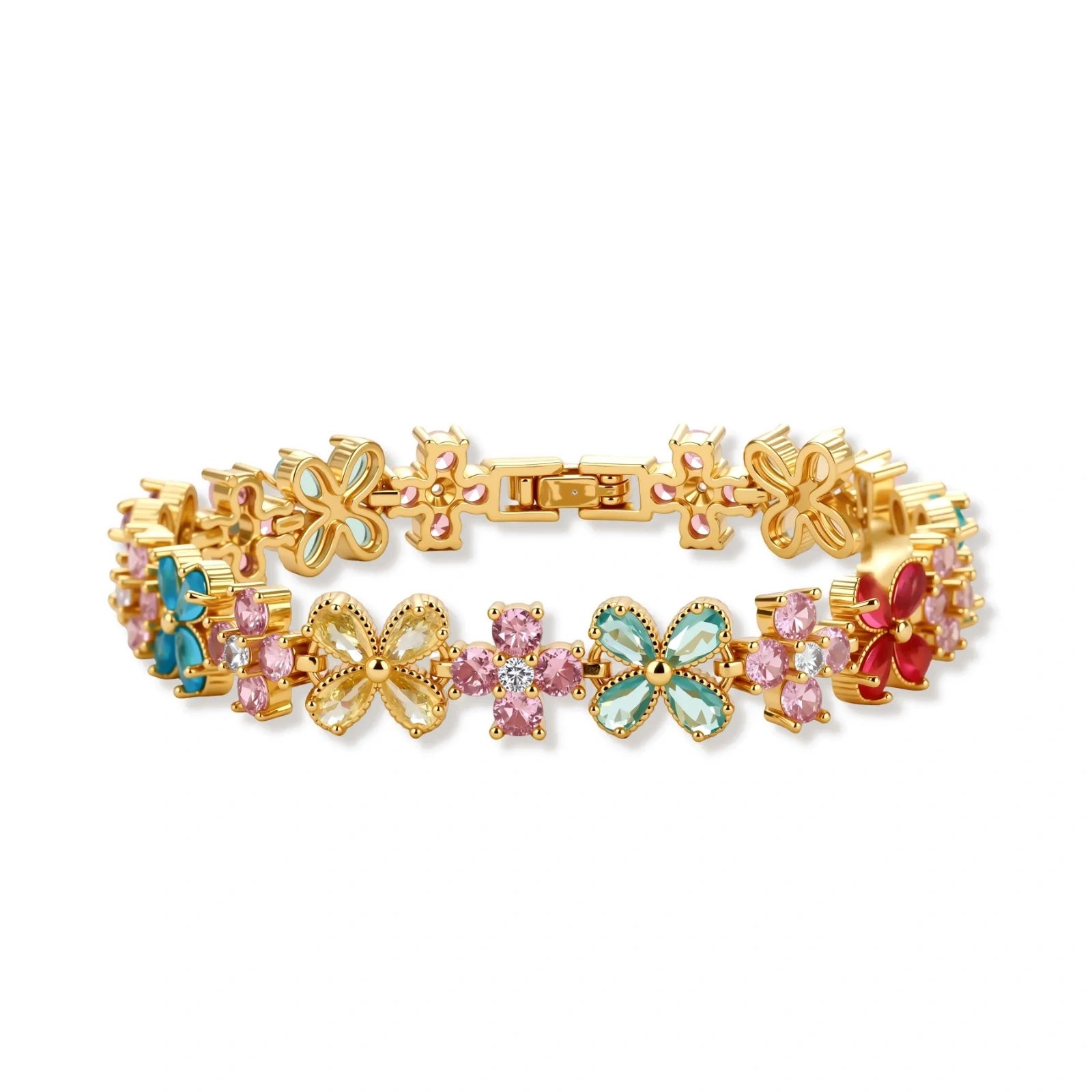 Gold-plated jewelry set with pink, turquoise and red flower-shaped cubic zirconia stones, featuring necklace, earrings and bracelet.