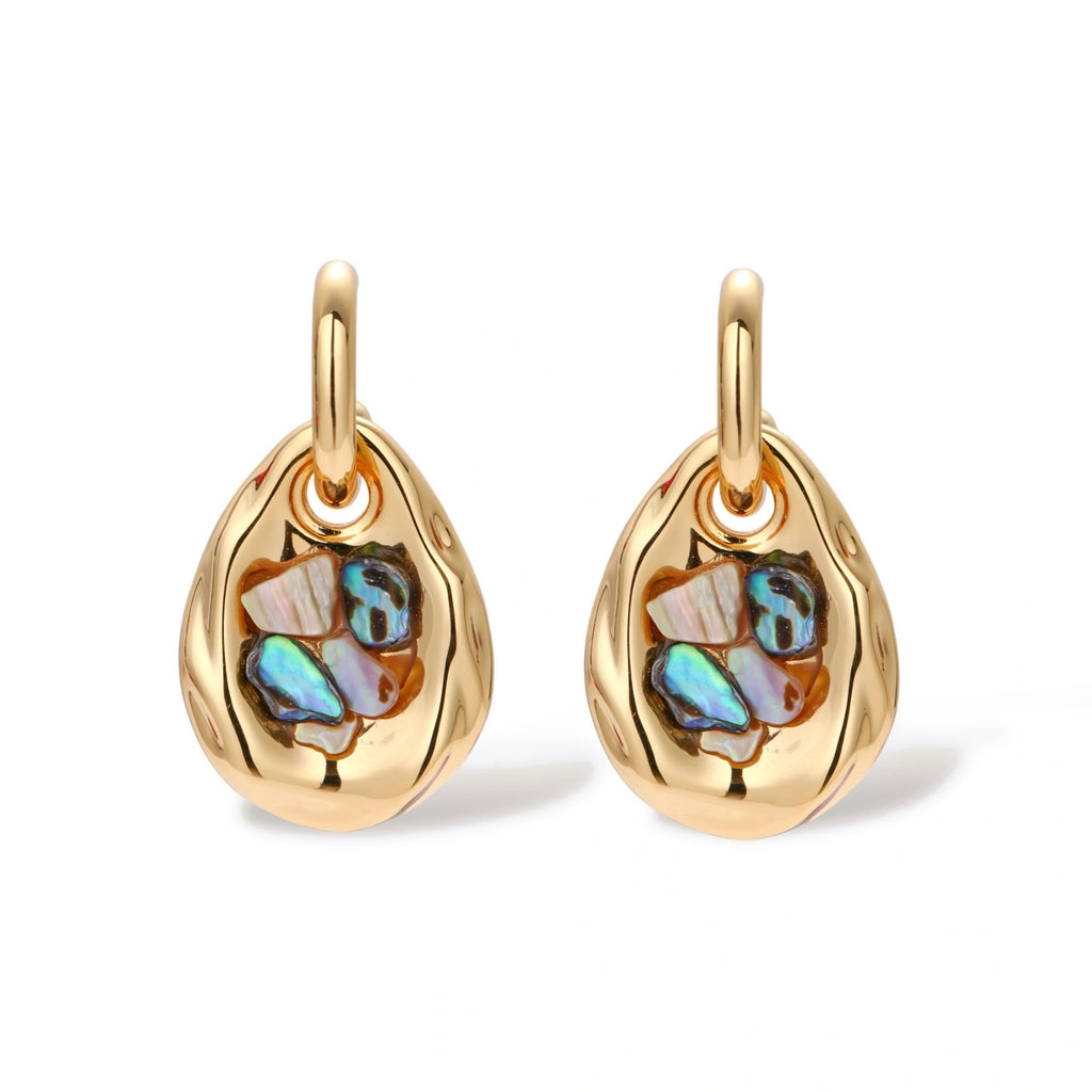 Gold-plated convertible hoop earrings with iridescent shell mosaic pendants, shown assembled and separated on cream background.