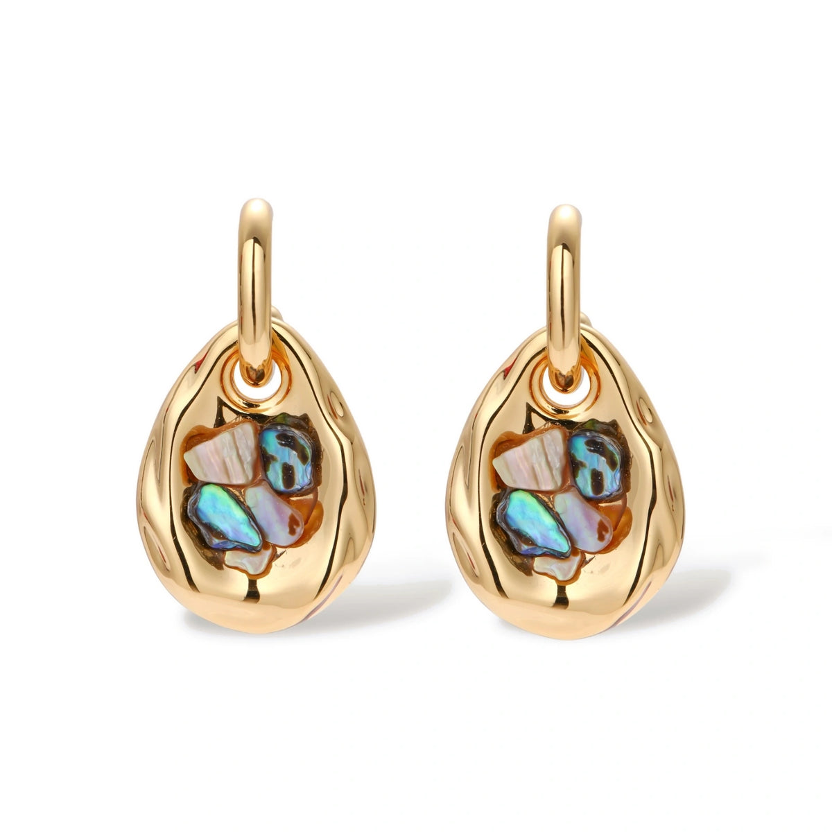 Gold-plated convertible hoop earrings with iridescent shell mosaic pendants, shown assembled and separated on cream background.