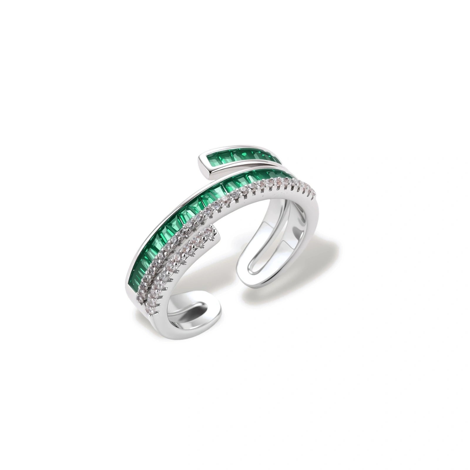 Modern adjustable ring with green baguette stones and clear crystals in parallel bands on white background.