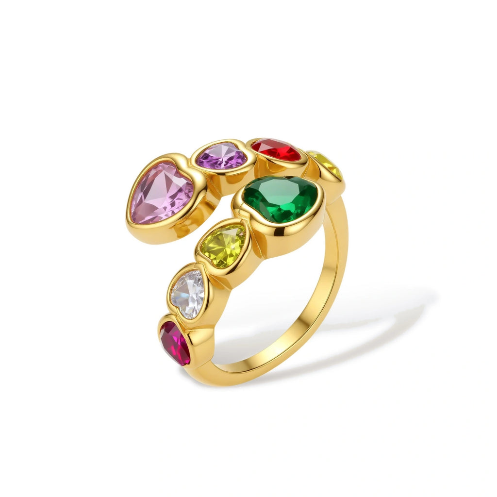 Gold-plated wrap ring with bezel-set multicolor heart-shaped cubic zirconia stones in pink, purple, green, red, yellow, and white.