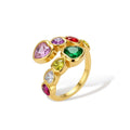 Gold-plated wrap ring with bezel-set multicolor heart-shaped cubic zirconia stones in pink, purple, green, red, yellow, and white.