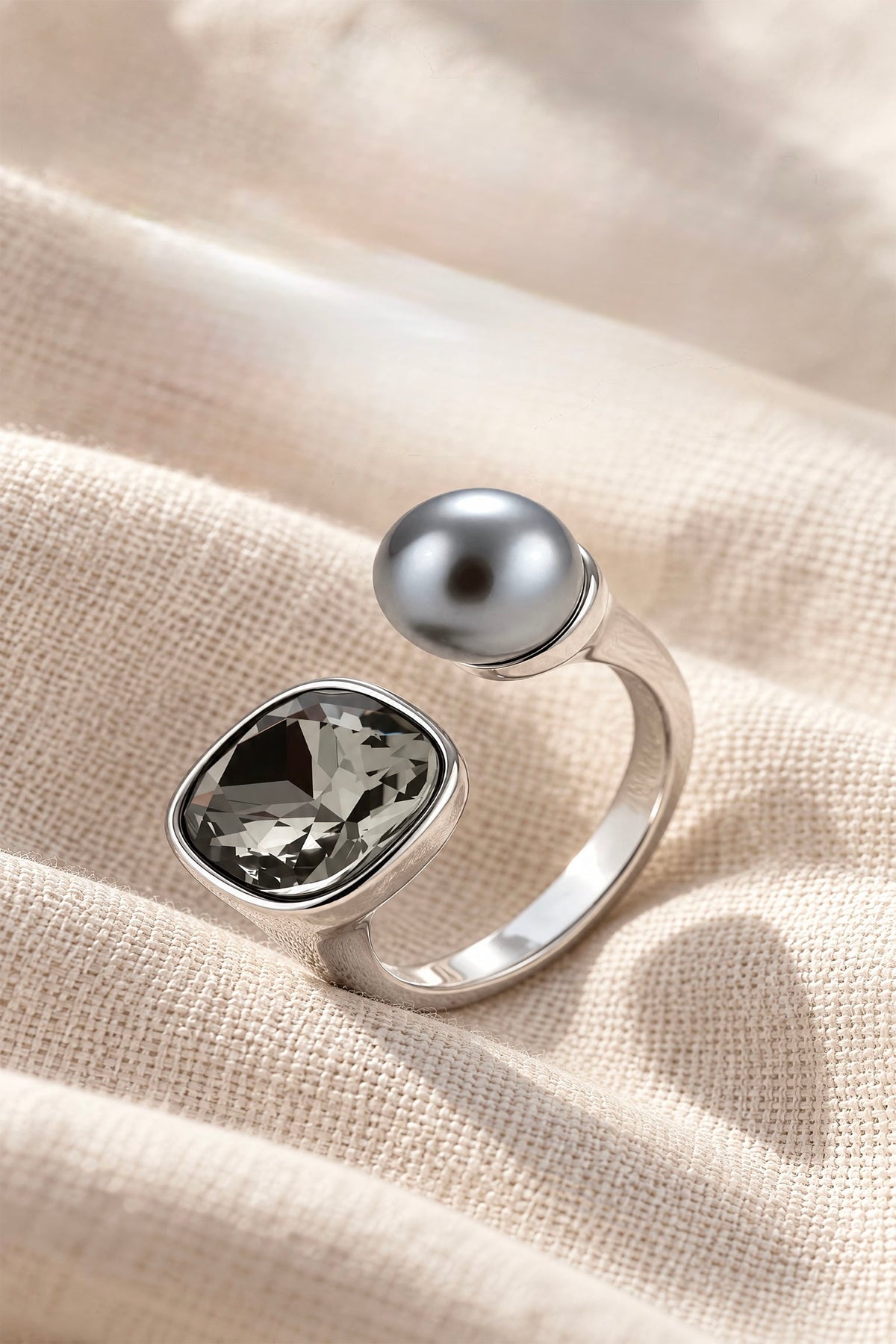 Dual Element Ring | White Gold Plated Recycled Brass with Cubic Zirconia Accents