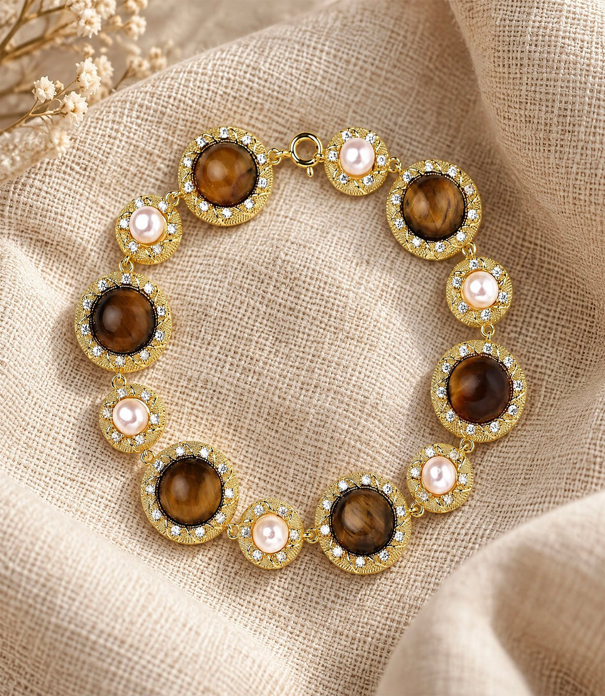 Tiger’s Eye Pearl Wisdom Bracelet | Gold Plated Brass, Gemstones & Pearl