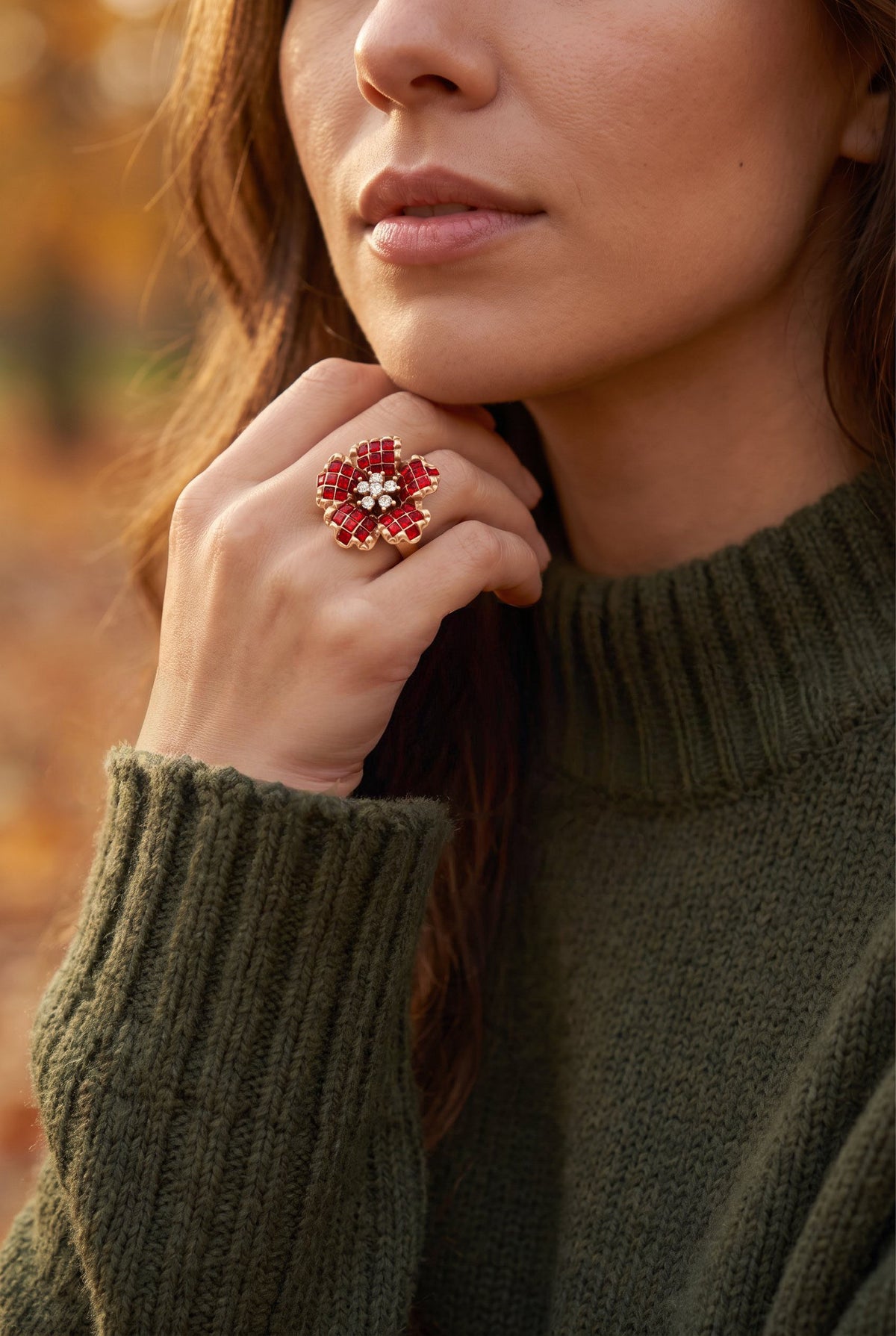 Crimson Bloom Ring | Gold Plated Recycled Brass with Red Cubic Zirconia
