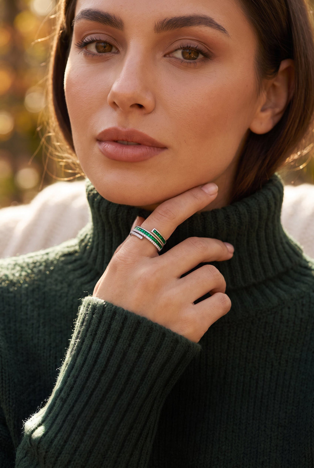Emerald Layers Ring | Gold Plated Recycled Brass with Green Cubic Zirconia Accent