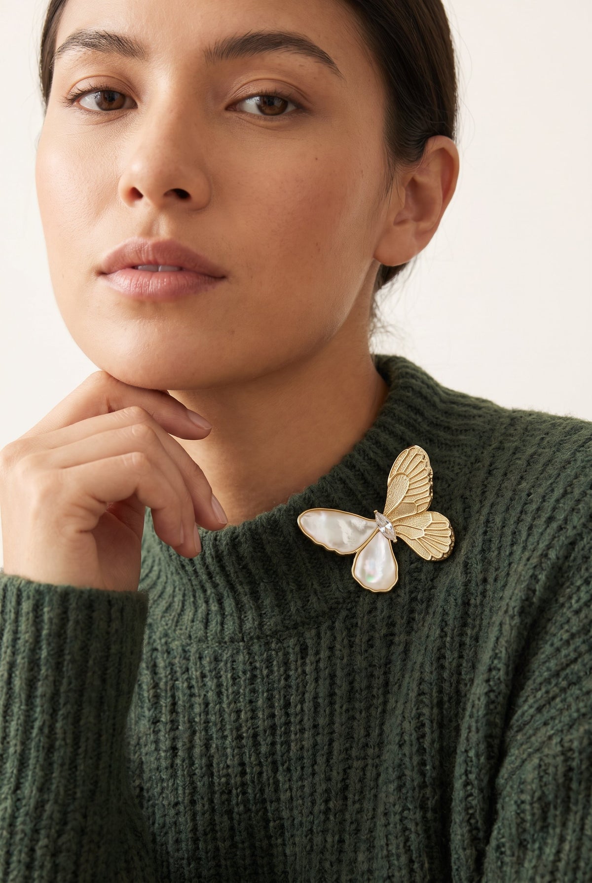 Ethereal Butterfly Brooch – Mother of Pearl & Zirconia Gold Pin