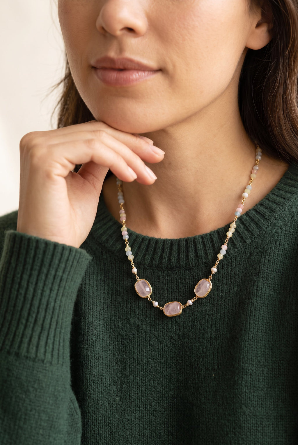 Garden Dreams Healing Gemstone & Pearl Necklace | Gold Recycled Brass Gemstone Cluster
