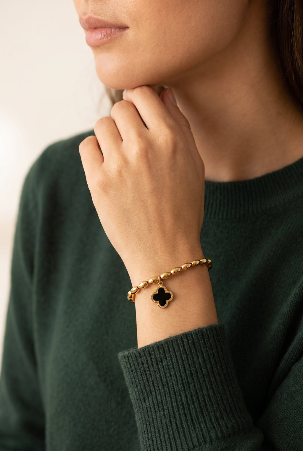 Lucky Clover Reversible Beaded Bracelet | Waterproof Gold Plated Stainless Steel & Mother of Pearl