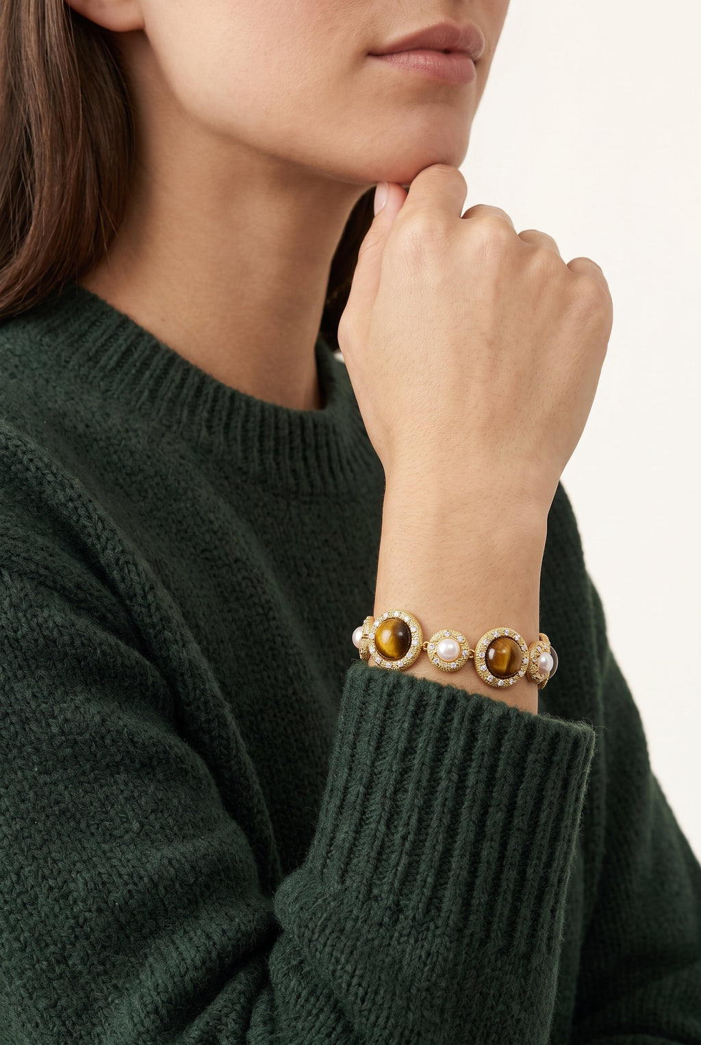Tiger’s Eye Pearl Wisdom Bracelet | Gold Plated Brass, Gemstones & Pearl