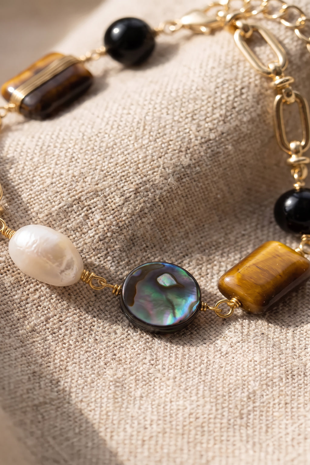 Earth Elements Bracelet | Tiger's Eye, Obsidian & Pearl