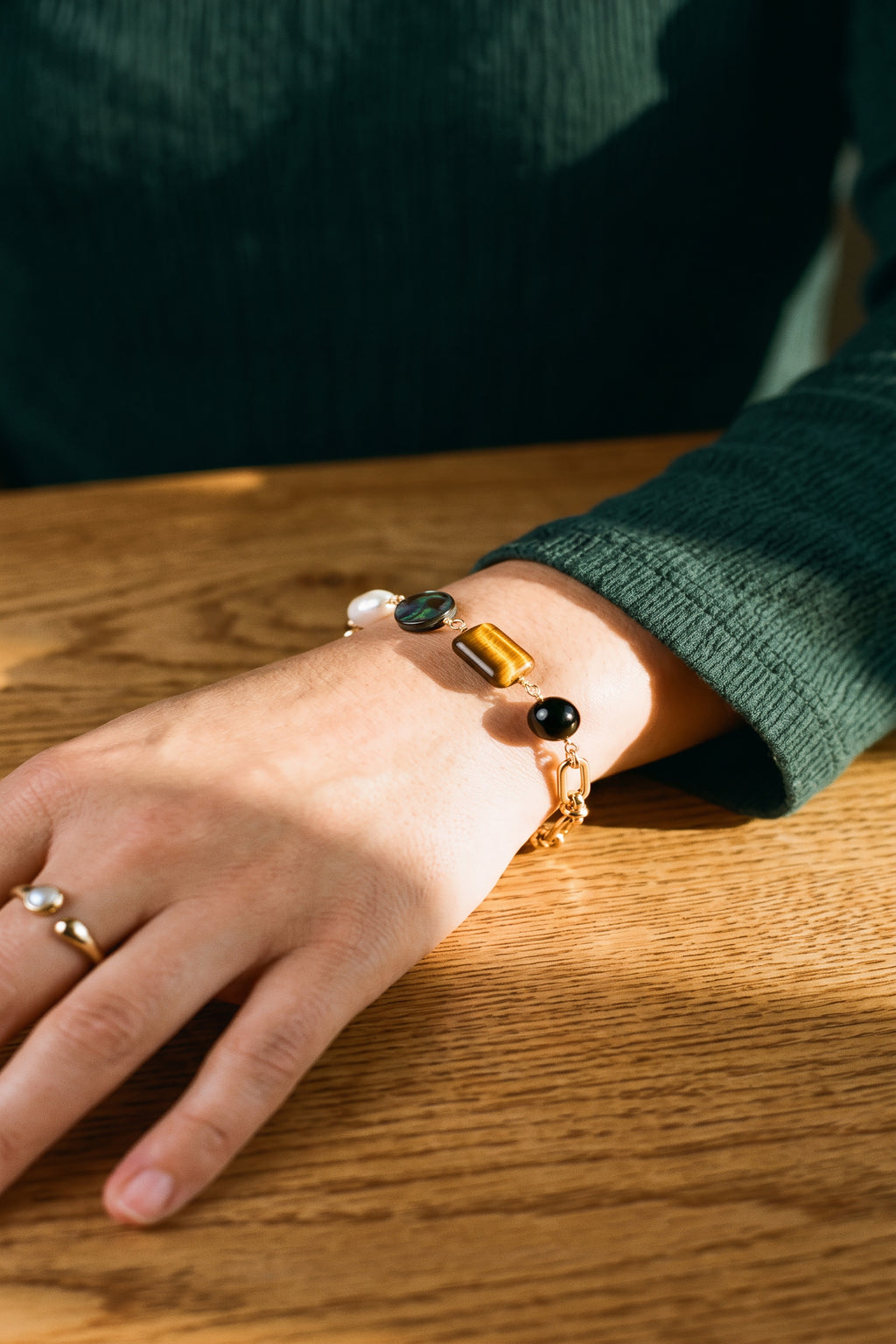 Earth Elements Bracelet | Tiger's Eye, Obsidian & Pearl