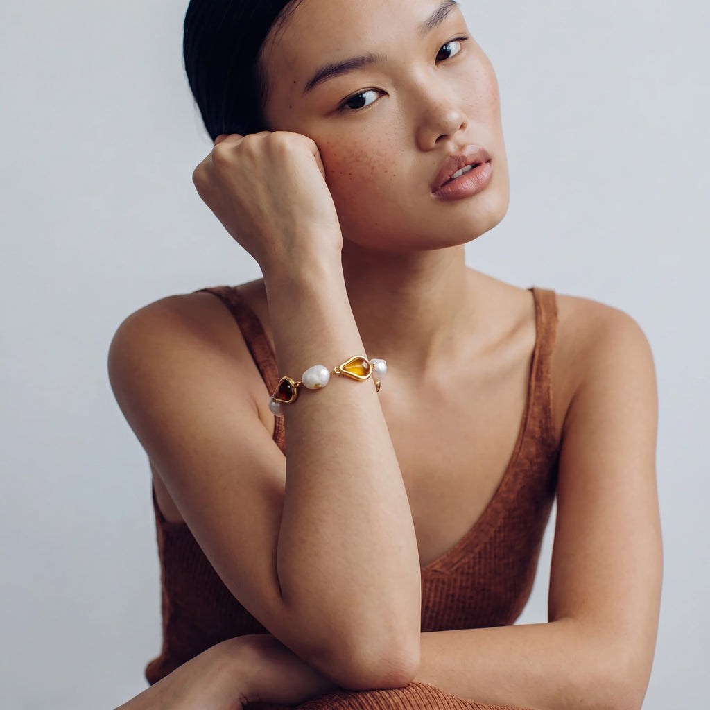 Golden Teardrop Bracelet | Recycled Brass & Freshwater Pearl