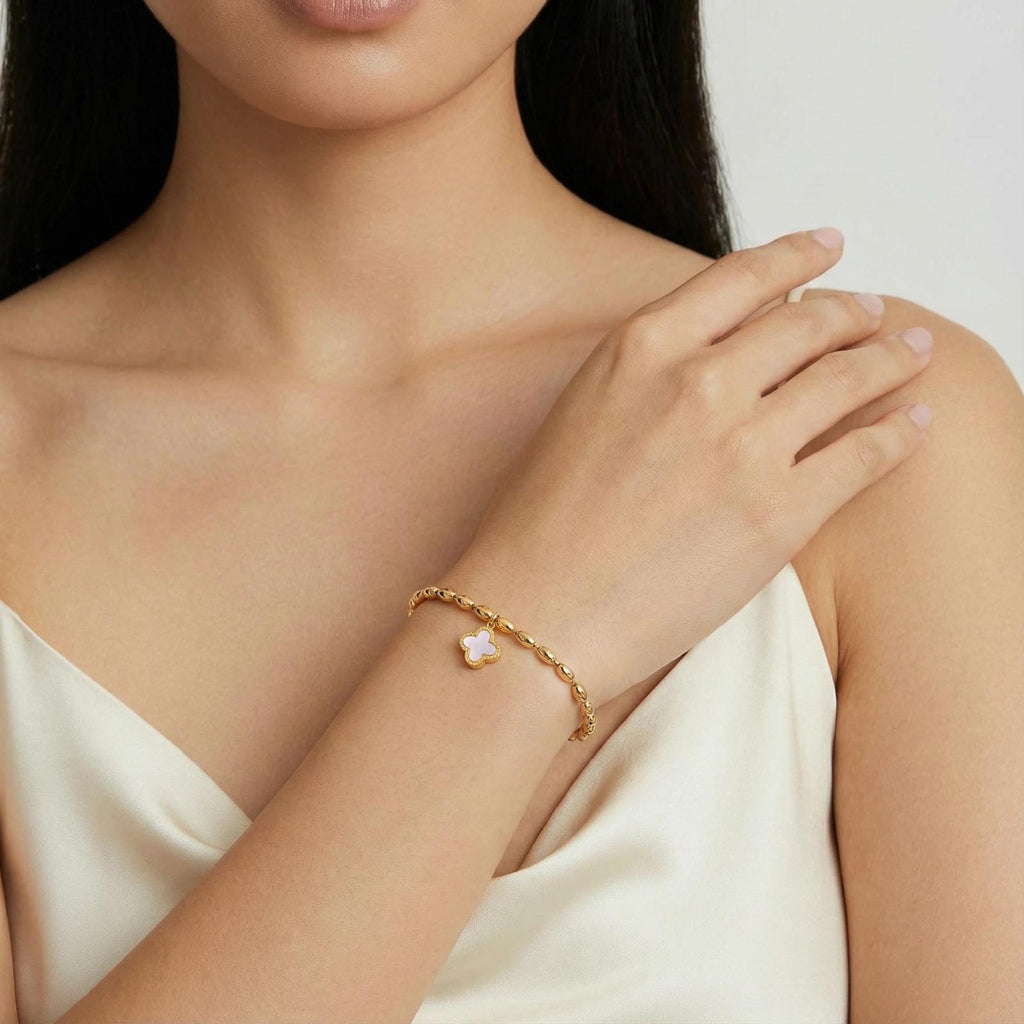 Lucky Clover Reversible Beaded Bracelet | Waterproof Gold Plated Stainless Steel & Mother of Pearl