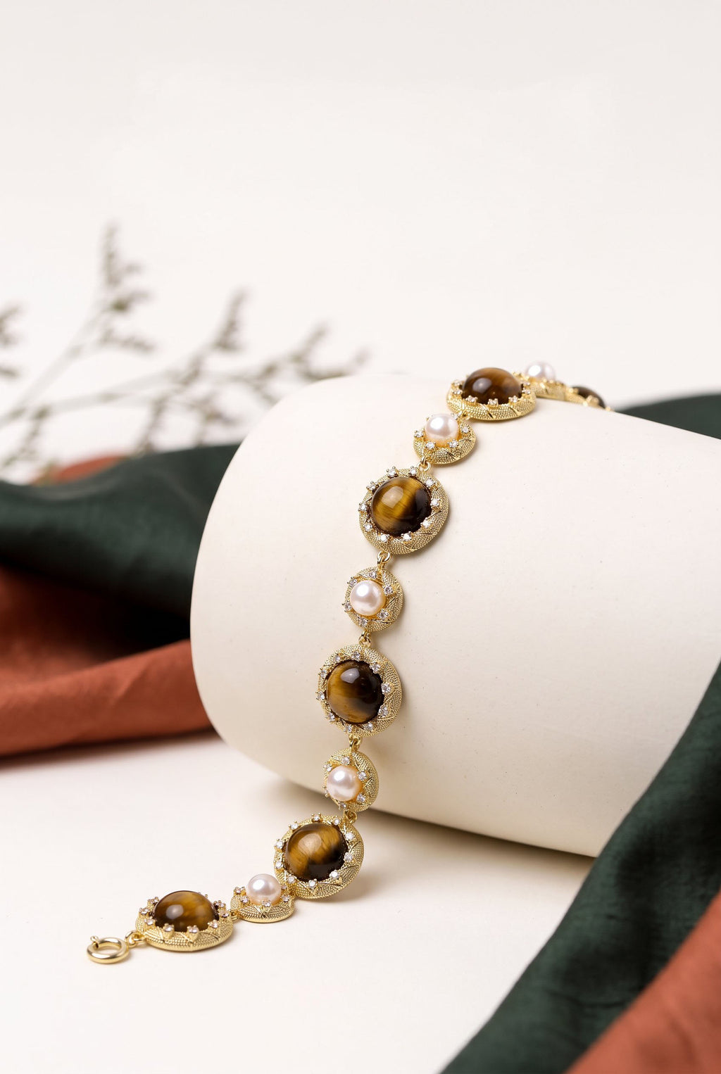 Tiger’s Eye Pearl Wisdom Bracelet | Gold Plated Brass, Gemstones & Pearl