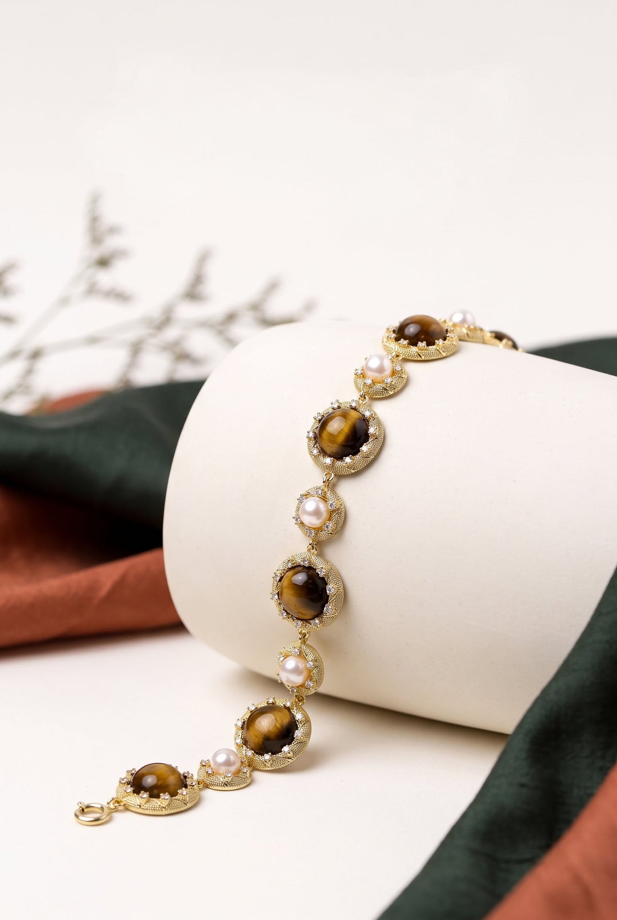Tiger’s Eye Pearl Wisdom Bracelet | Gold Plated Brass, Gemstones & Pearl