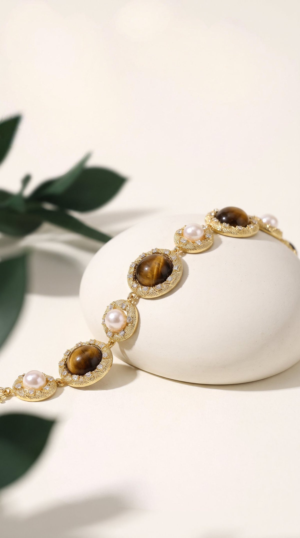 Tiger’s Eye Pearl Wisdom Bracelet | Gold Plated Brass, Gemstones & Pearl