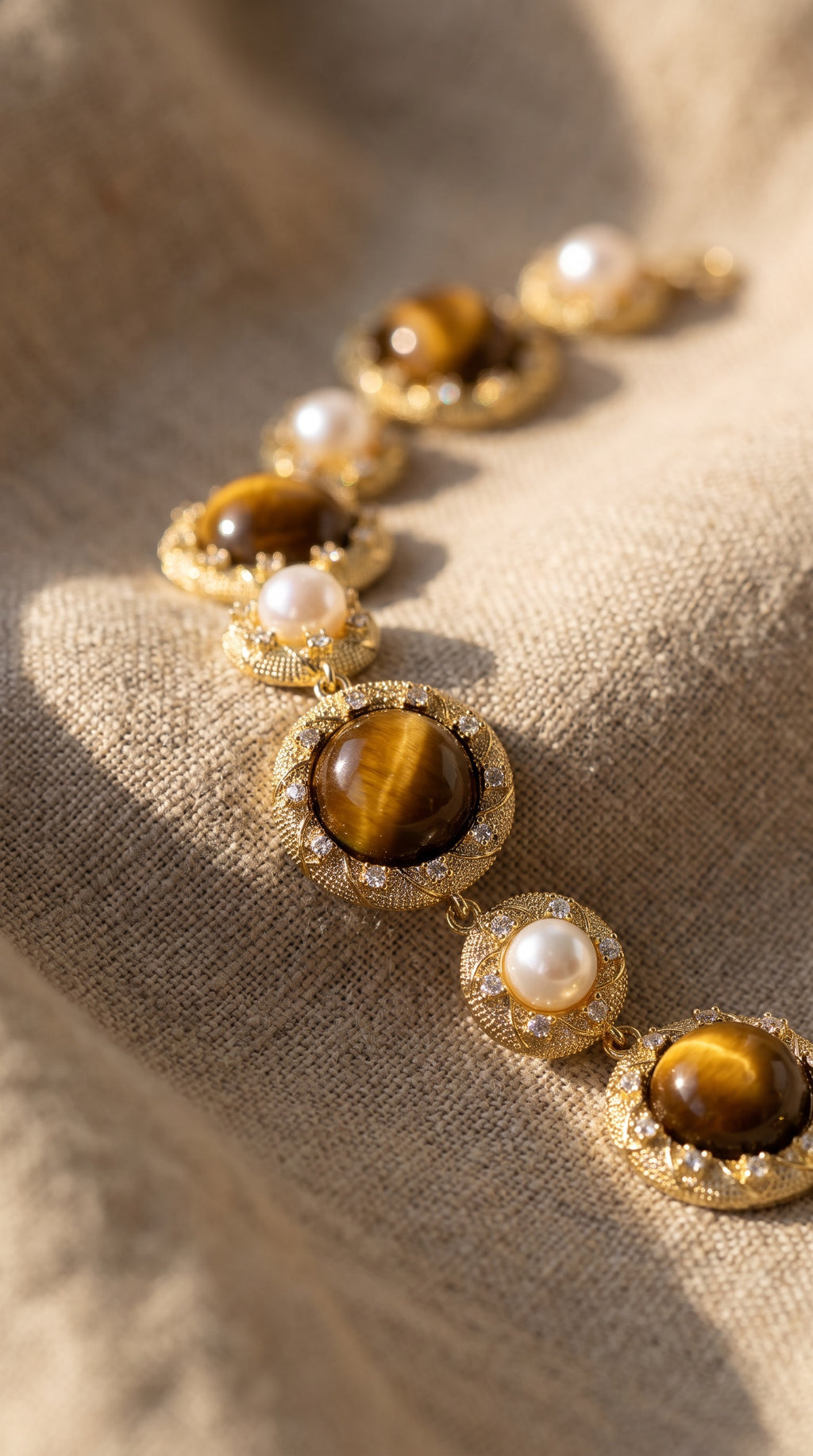 Tiger’s Eye Pearl Wisdom Bracelet | Gold Plated Brass, Gemstones & Pearl