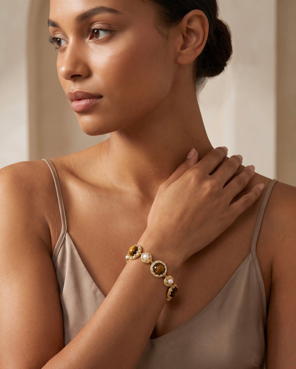 Tiger’s Eye Pearl Wisdom Bracelet | Gold Plated Brass, Gemstones & Pearl