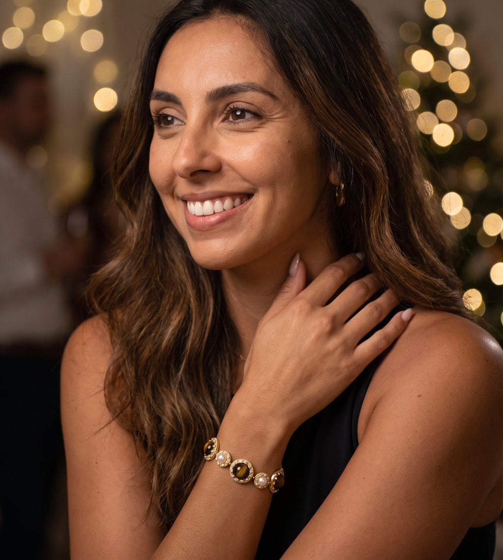 Tiger’s Eye Pearl Wisdom Bracelet | Gold Plated Brass, Gemstones & Pearl