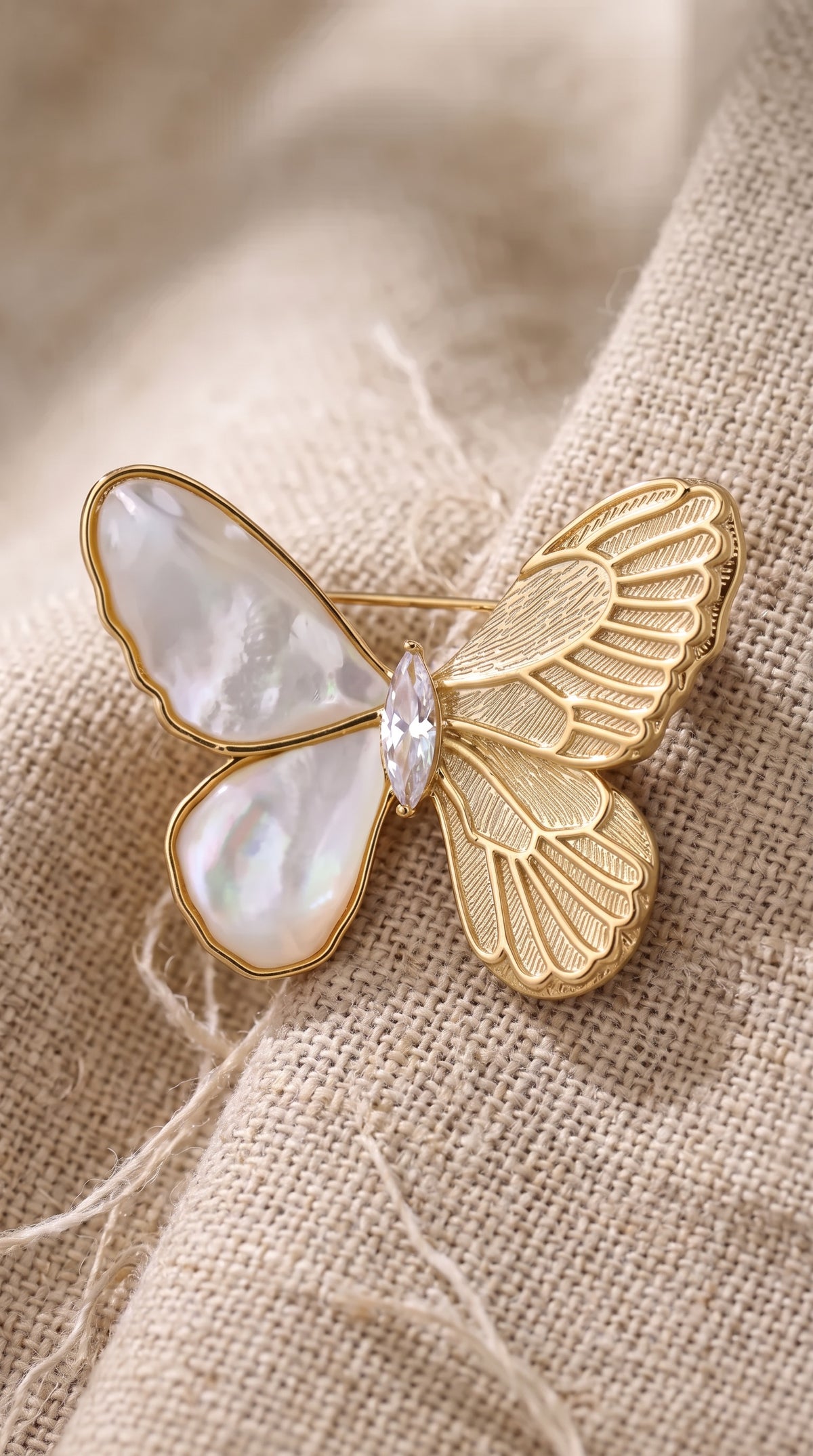 Ethereal Butterfly Brooch – Mother of Pearl & Zirconia Gold Pin