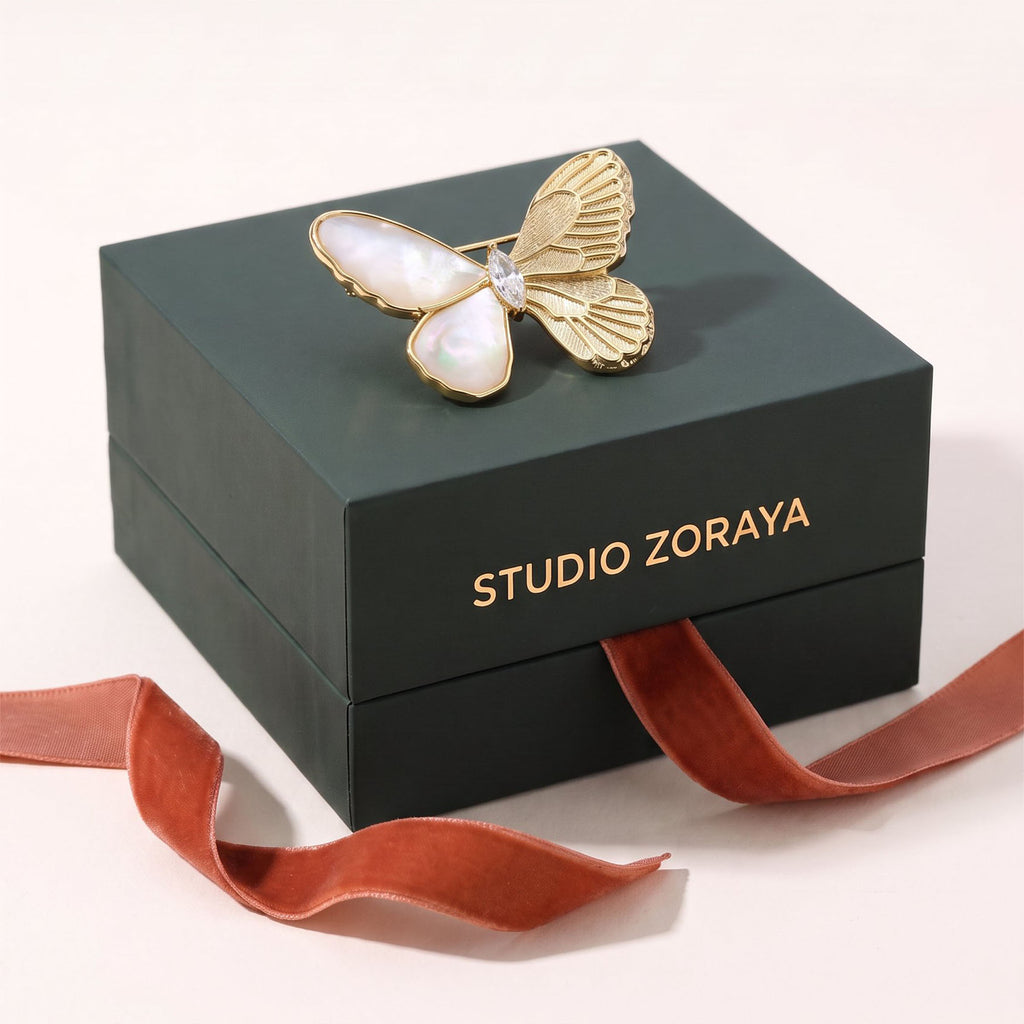 Ethereal Butterfly Brooch – Mother of Pearl & Zirconia Gold Pin