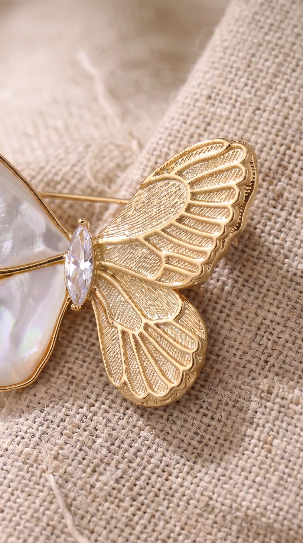 Ethereal Butterfly Brooch – Mother of Pearl & Zirconia Gold Pin