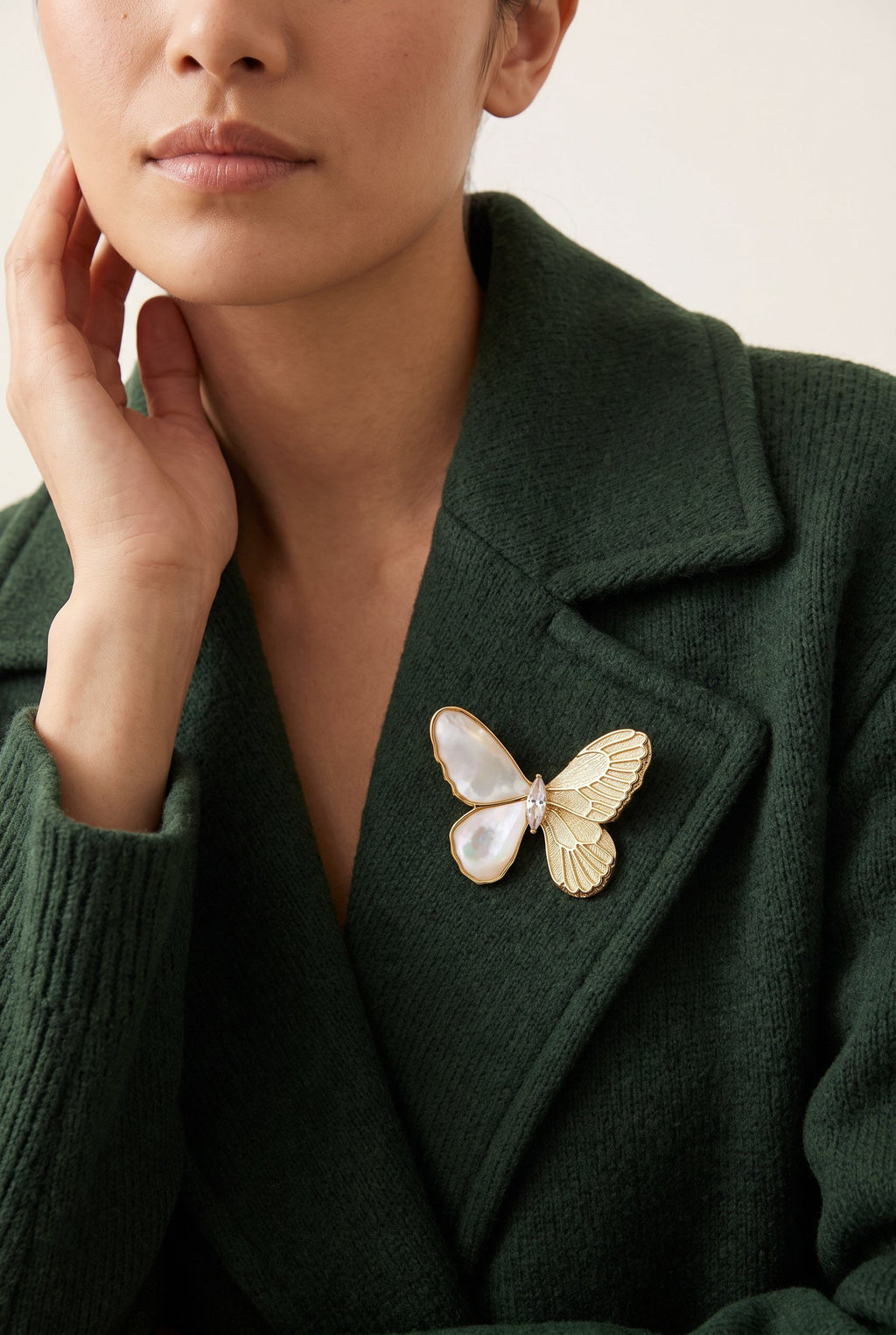 Ethereal Butterfly Brooch – Mother of Pearl & Zirconia Gold Pin