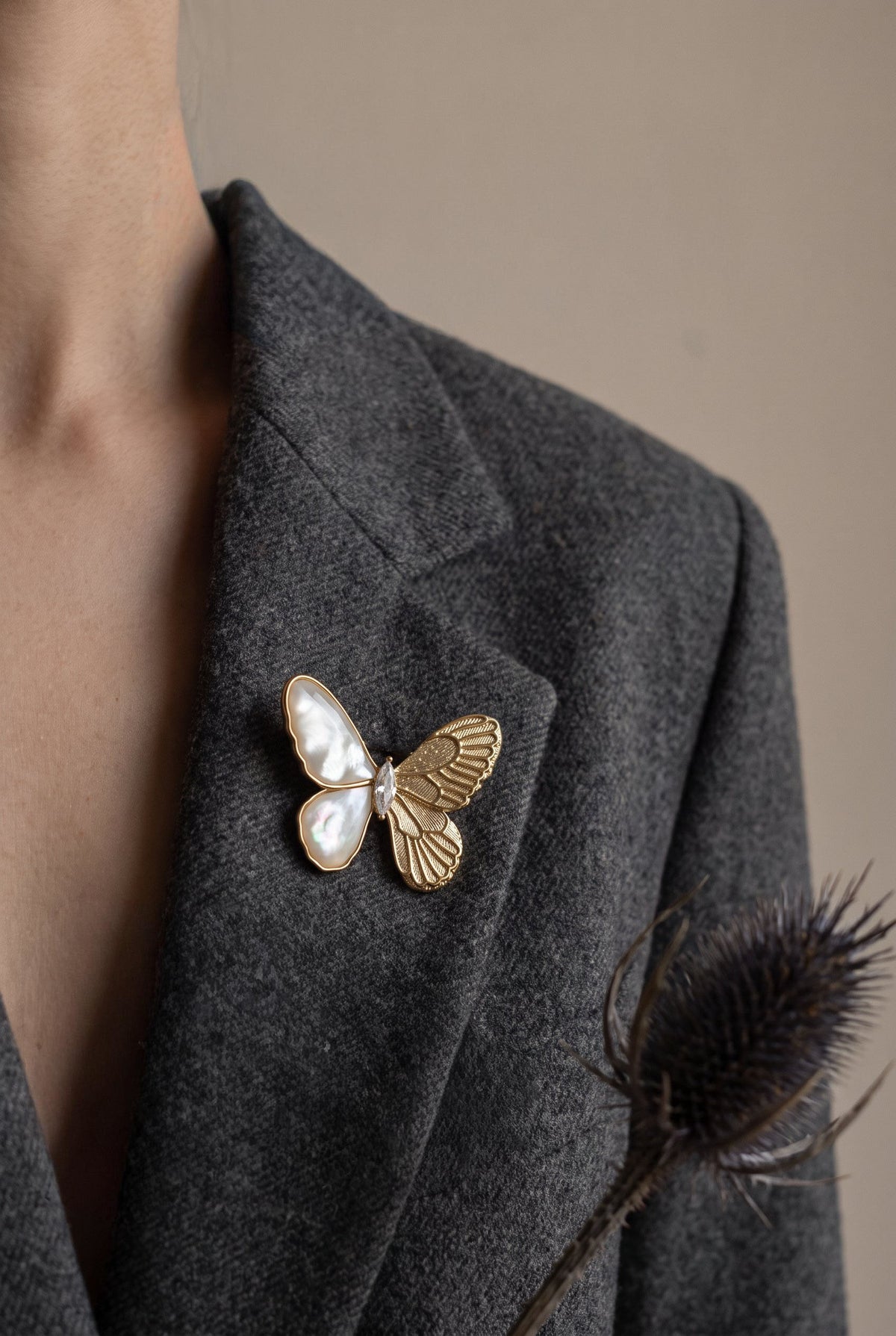 Ethereal Butterfly Brooch – Mother of Pearl & Zirconia Gold Pin