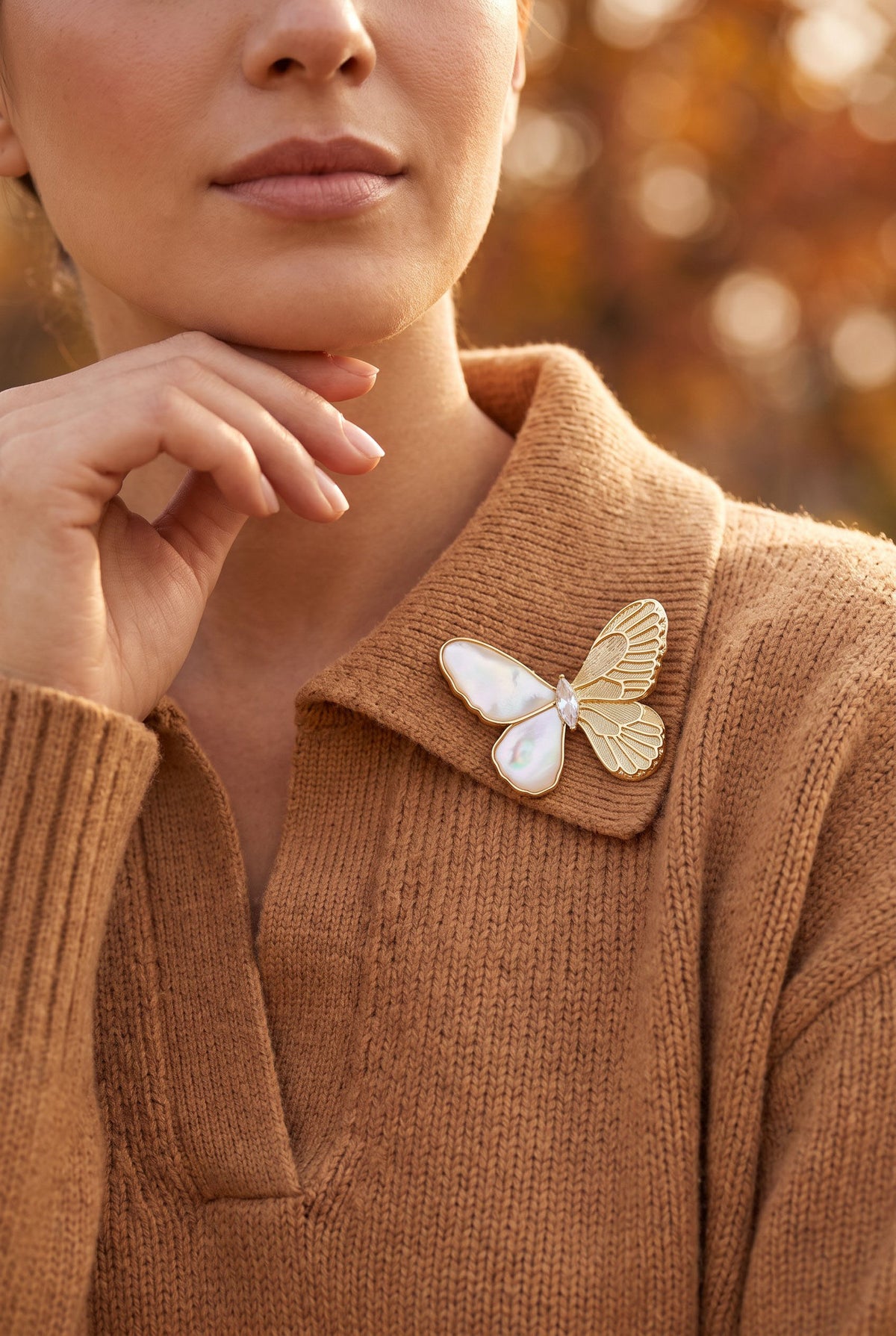 Ethereal Butterfly Brooch – Mother of Pearl & Zirconia Gold Pin