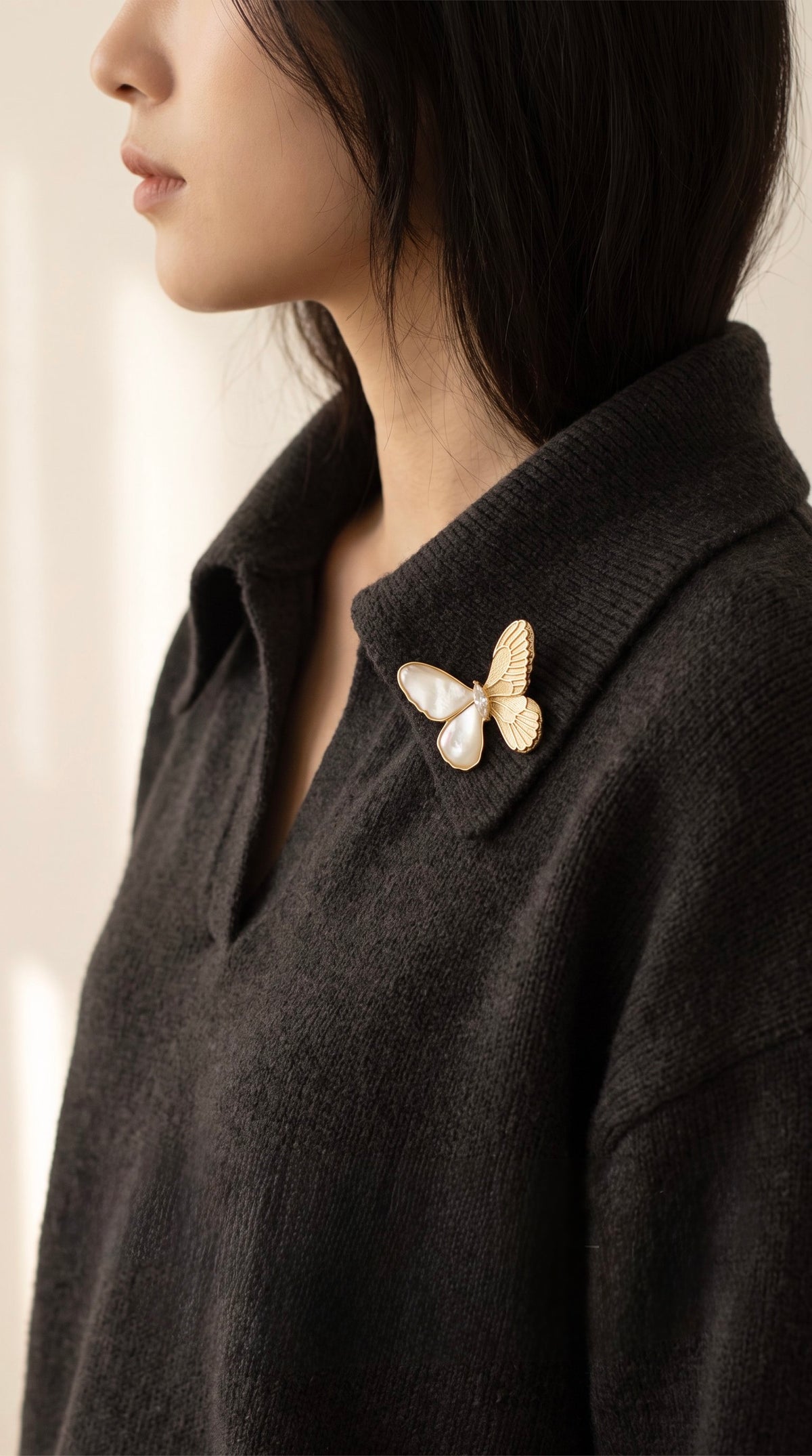 Ethereal Butterfly Brooch – Mother of Pearl & Zirconia Gold Pin