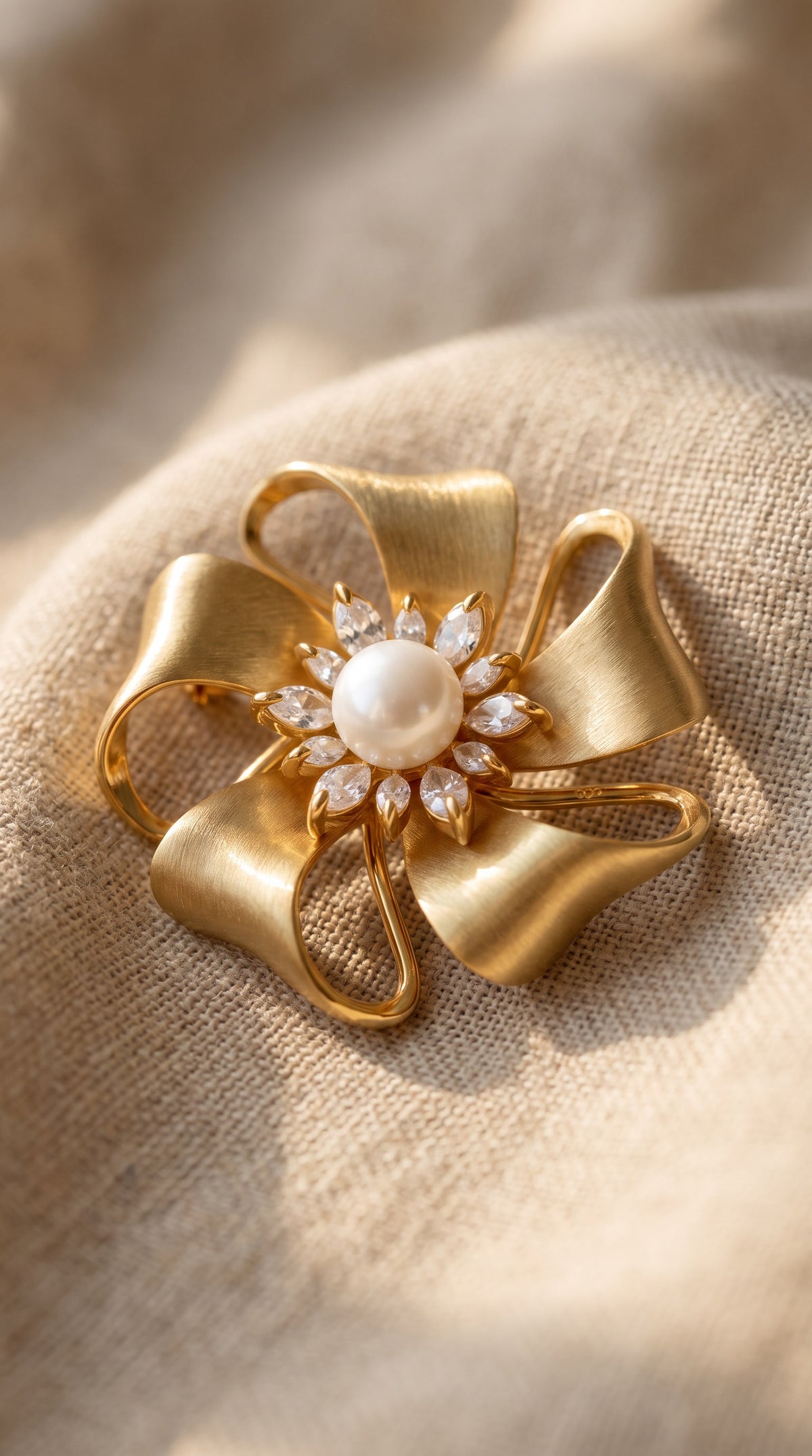 Golden Bow Blossom Brooch – Gold-Plated Ribbon & Floral Zirconia Pin