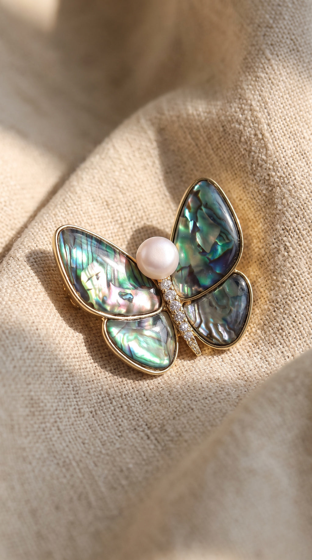Rainbow Butterfly Brooch – 14K Gold-Plated Recycled Brass & Pearl Pin