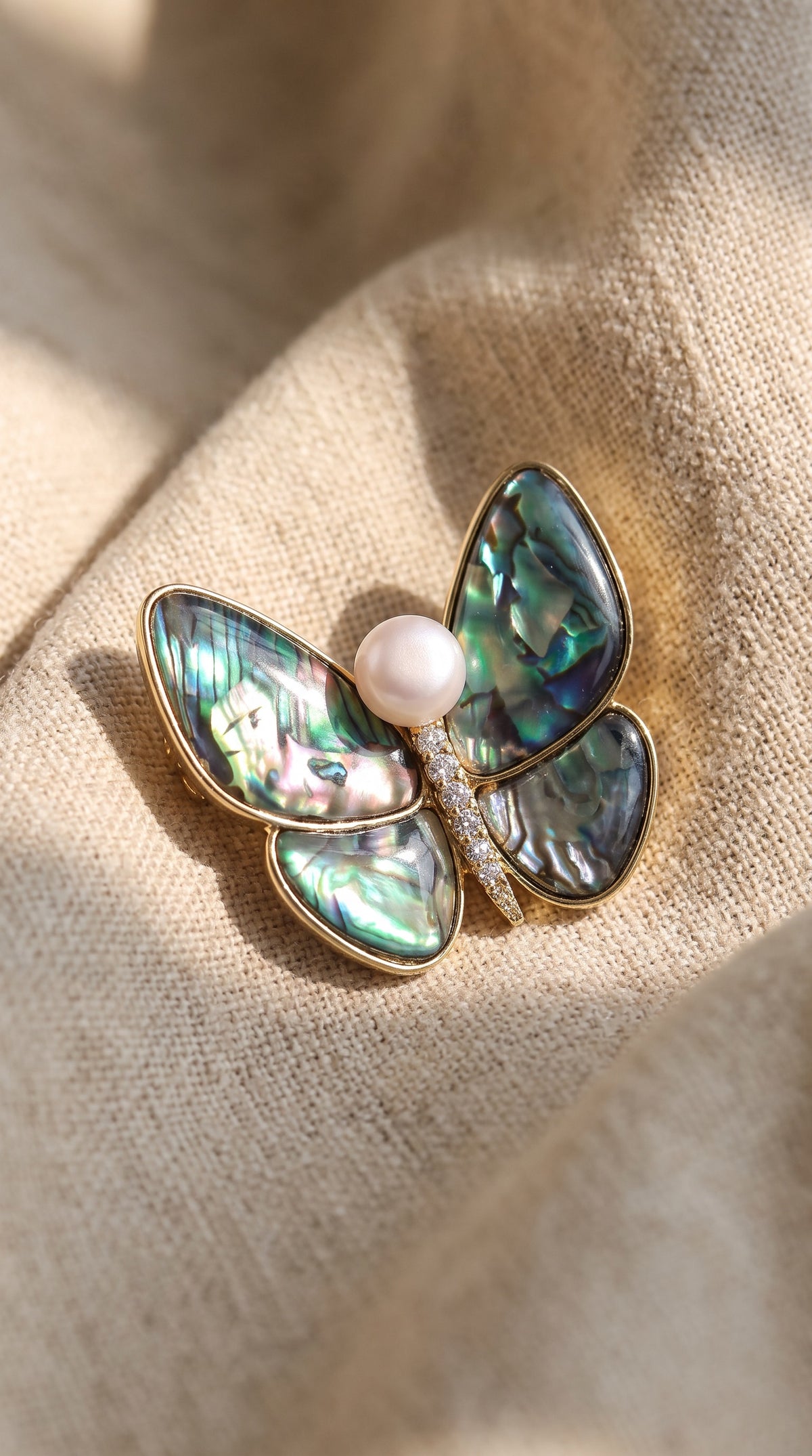 Rainbow Butterfly Brooch – 14K Gold-Plated Recycled Brass & Pearl Pin