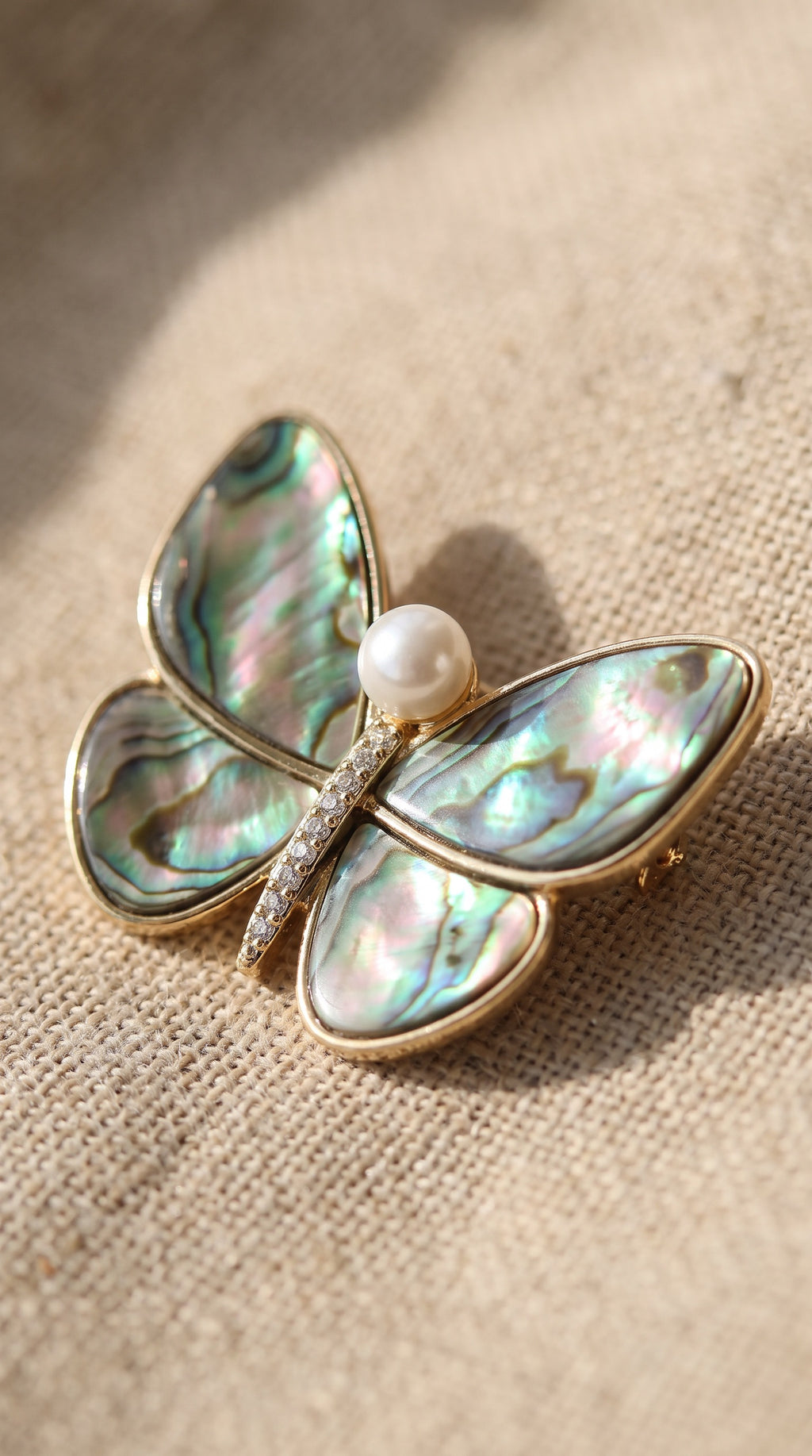 Rainbow Butterfly Brooch – 14K Gold-Plated Recycled Brass & Pearl Pin