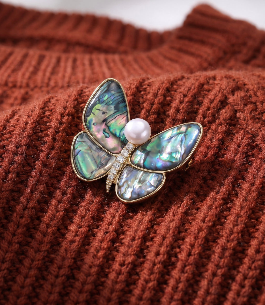Rainbow Butterfly Brooch – 14K Gold-Plated Recycled Brass & Pearl Pin