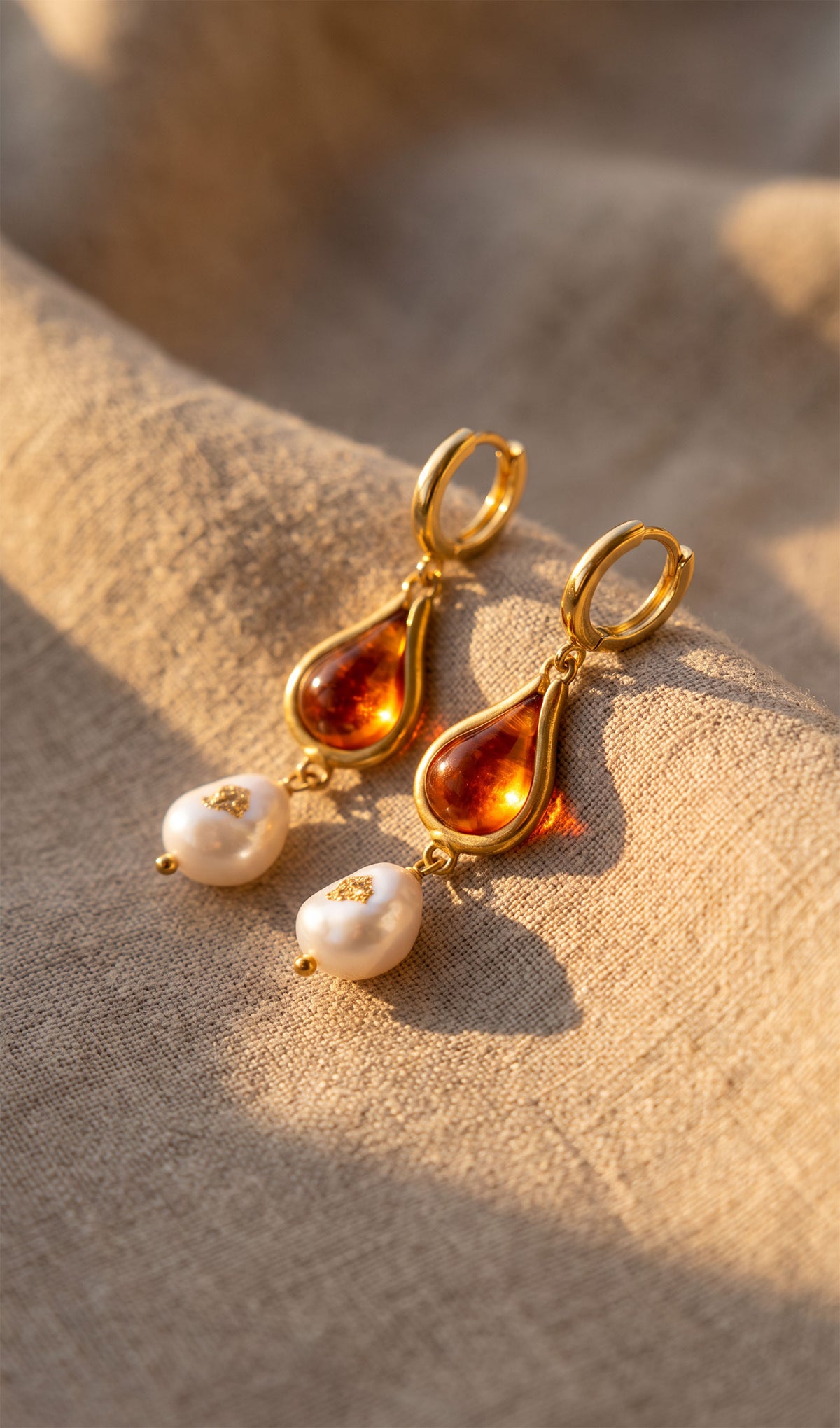 Amber Glow Drops | Amber Glass & Baroque Pearl Dangle Earrings