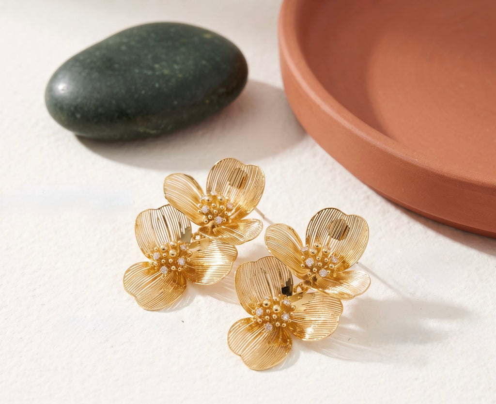 Golden Bloom Double Earrings | Gold-Plated Botanical Double Studs