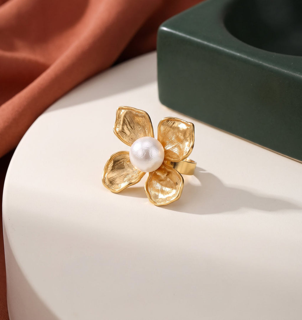Blooming Pearl Statement Ring | Gold Plated Recycled Brass and Cotton Pearl