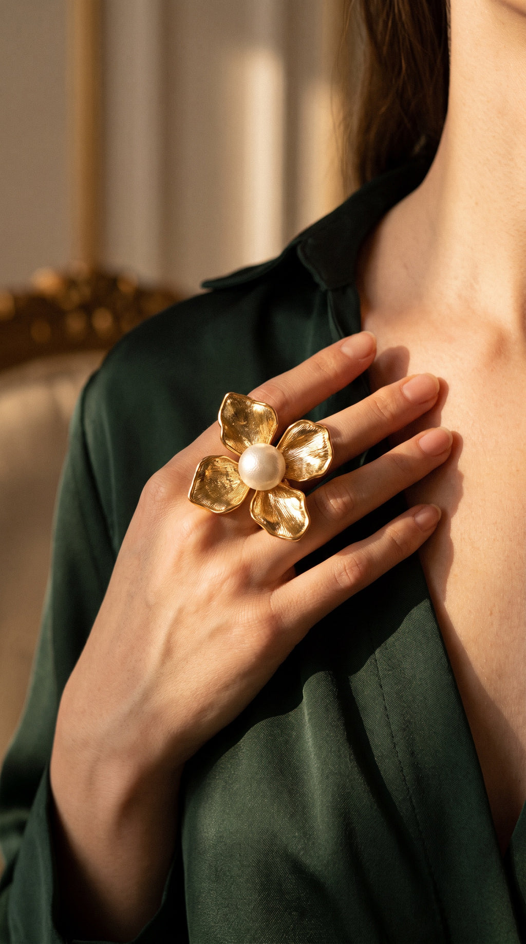 Blooming Pearl Statement Ring | Gold Plated Recycled Brass and Cotton Pearl