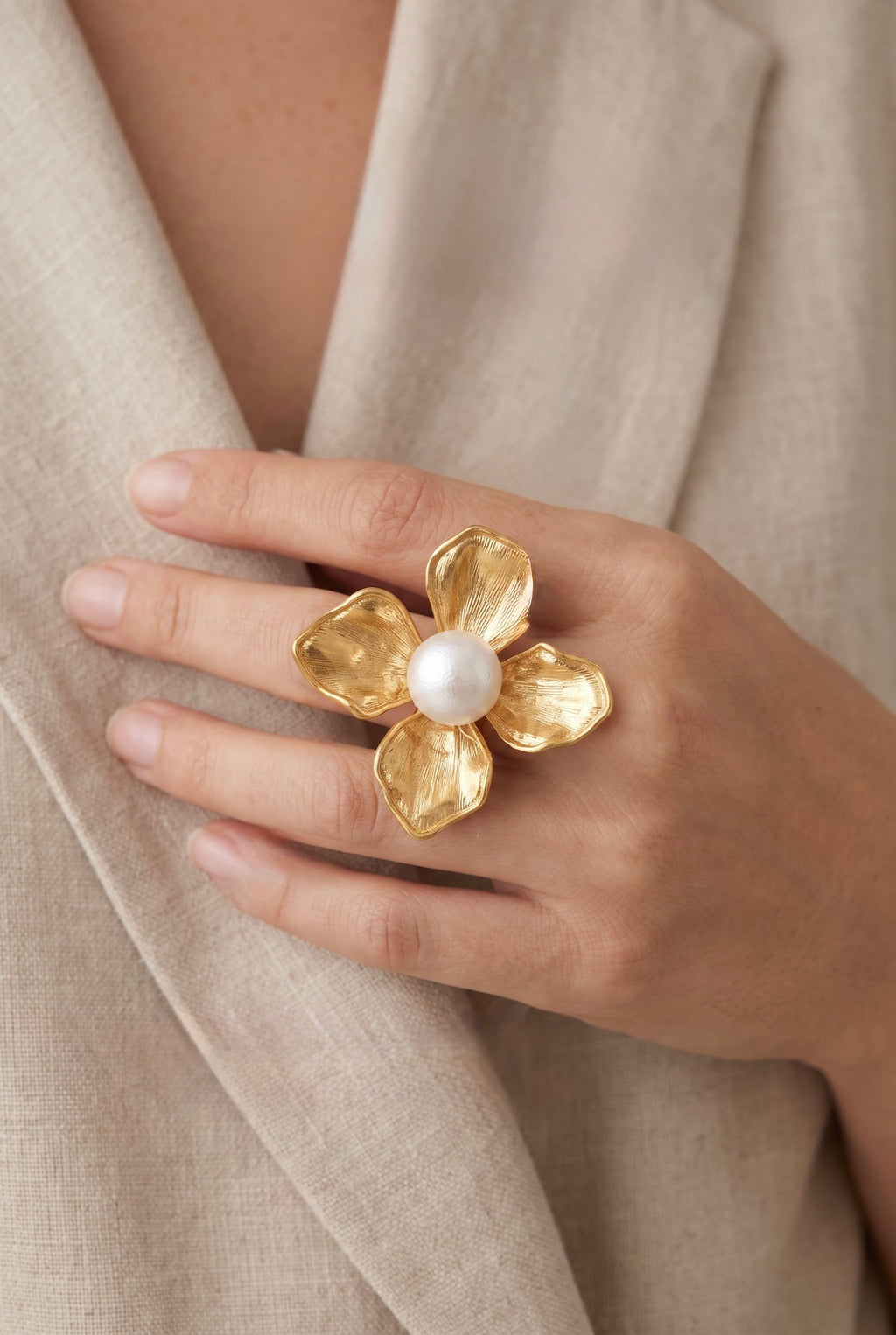 Blooming Pearl Statement Ring | Gold Plated Recycled Brass and Cotton Pearl
