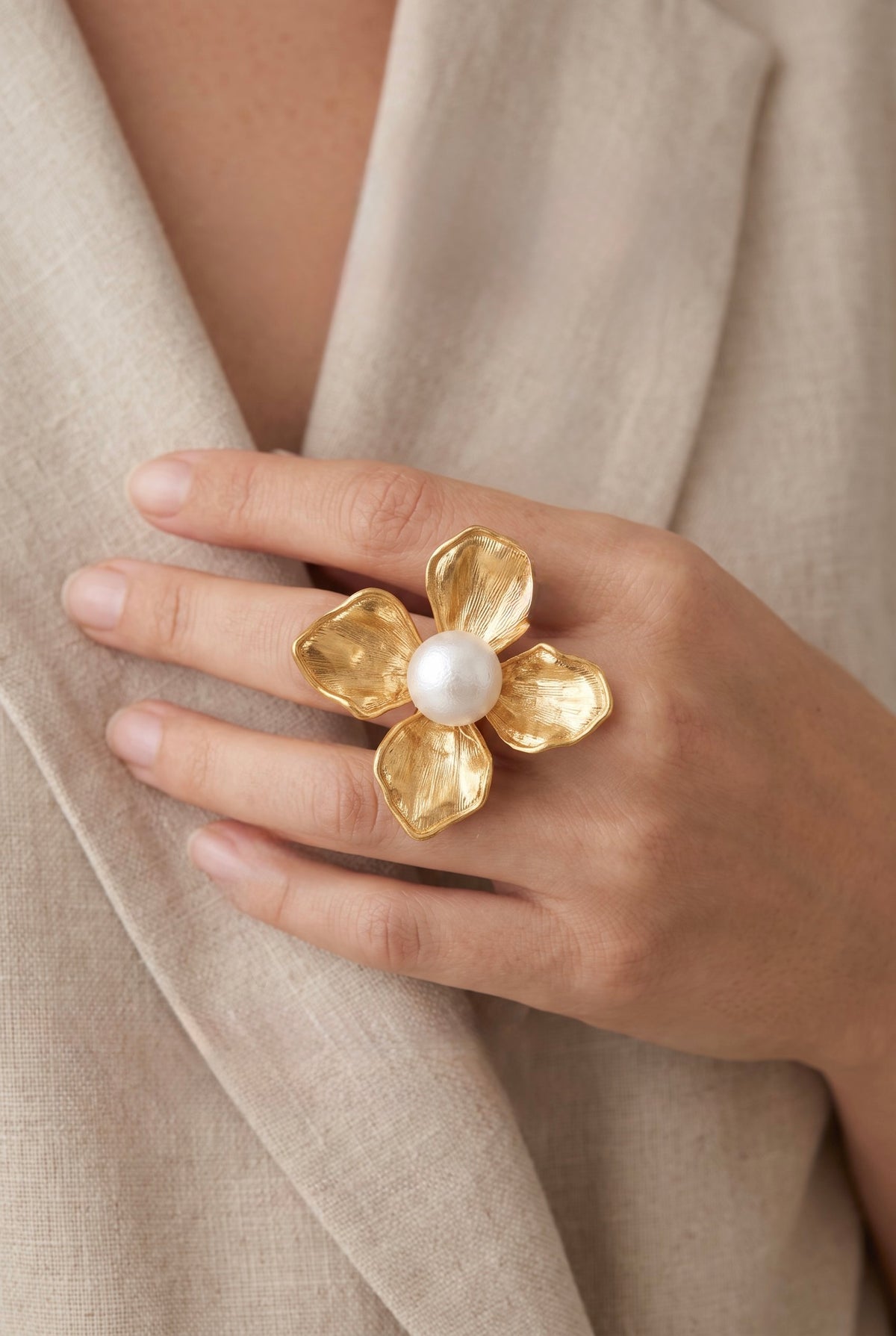 Blooming Pearl Statement Ring | Gold Plated Recycled Brass and Cotton Pearl