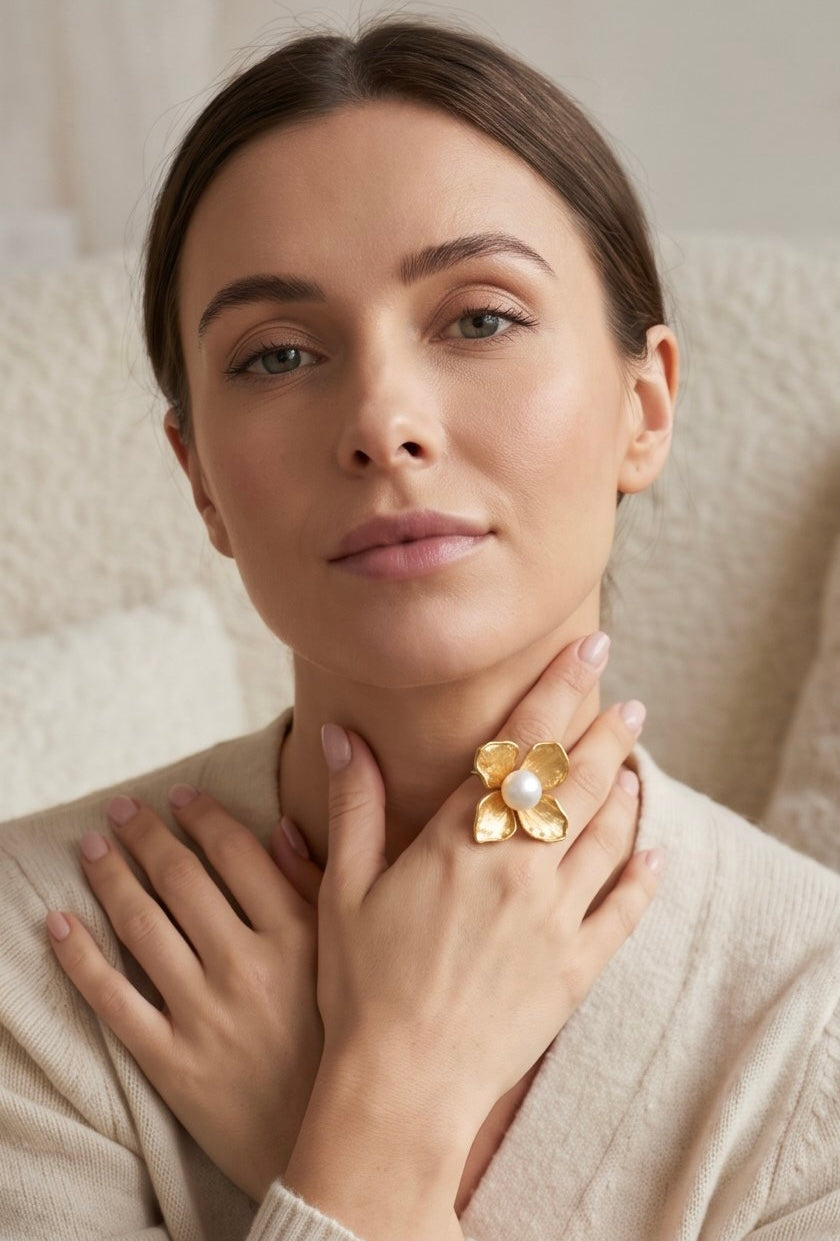 Blooming Pearl Statement Ring | Gold Plated Recycled Brass and Cotton Pearl