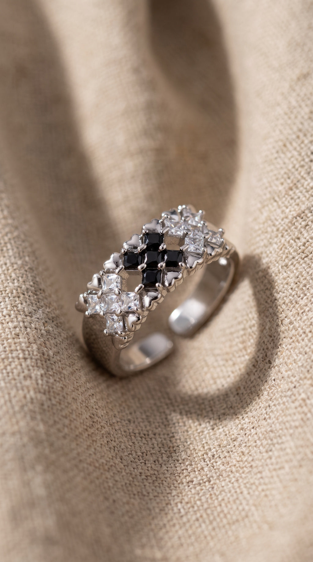 Checkmate Statement Ring | White Gold Plated Recycled Brass with Cubic Zirconia Accent
