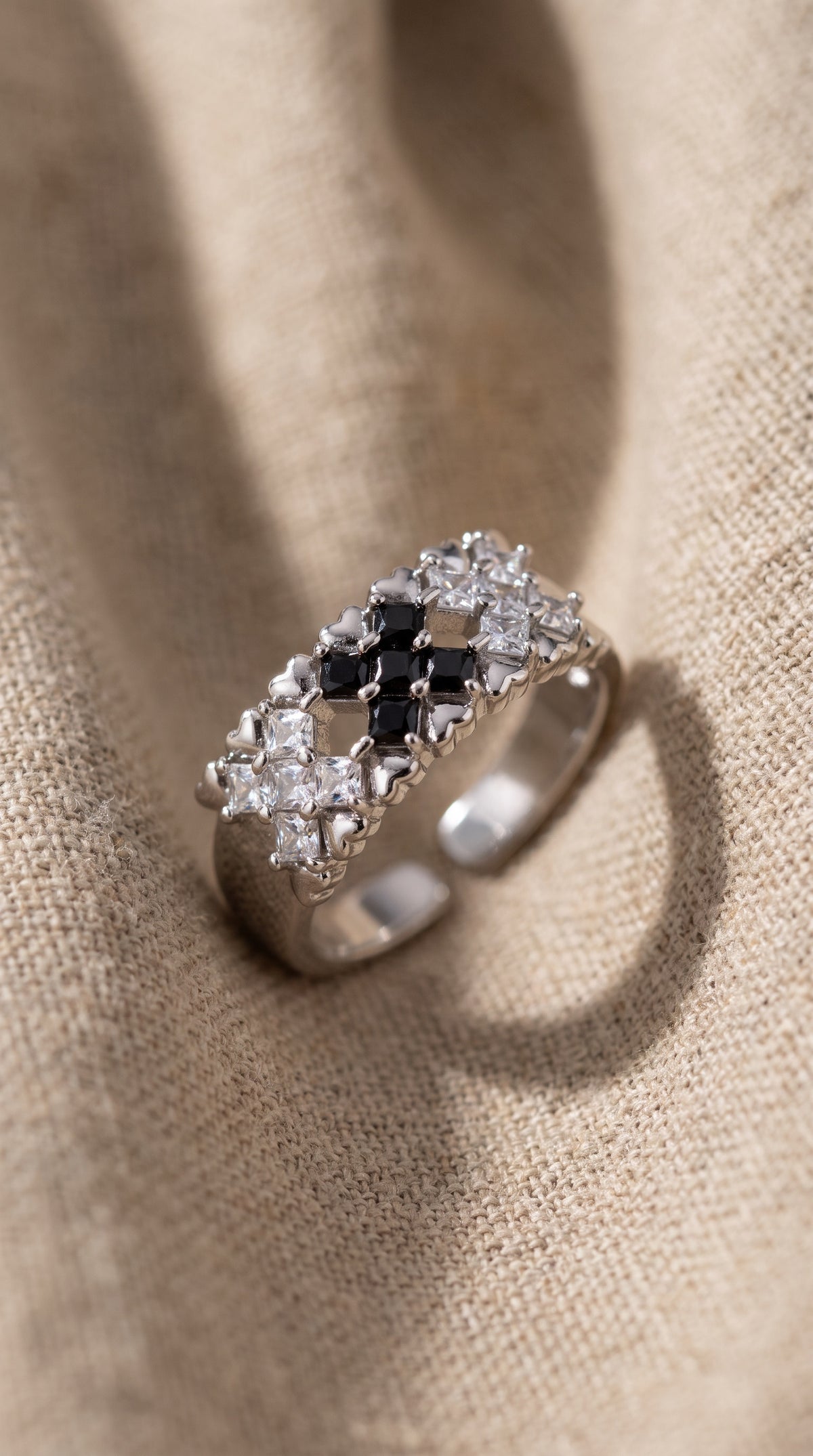 Checkmate Statement Ring | White Gold Plated Recycled Brass with Cubic Zirconia Accent