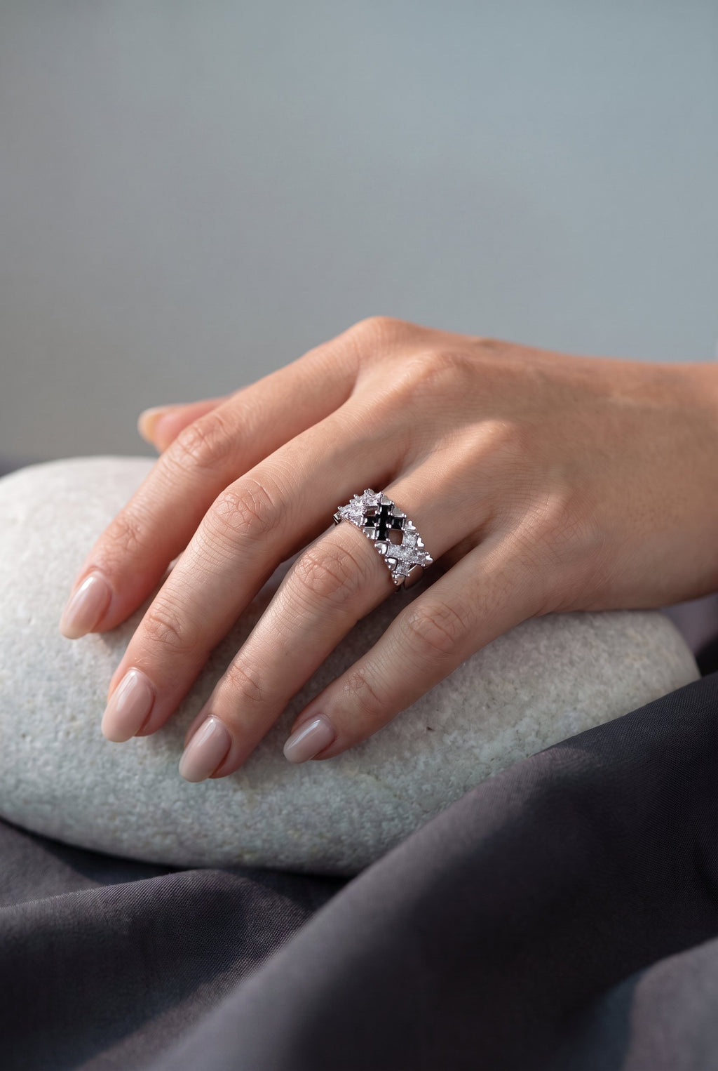 Checkmate Statement Ring | White Gold Plated Recycled Brass with Cubic Zirconia Accent
