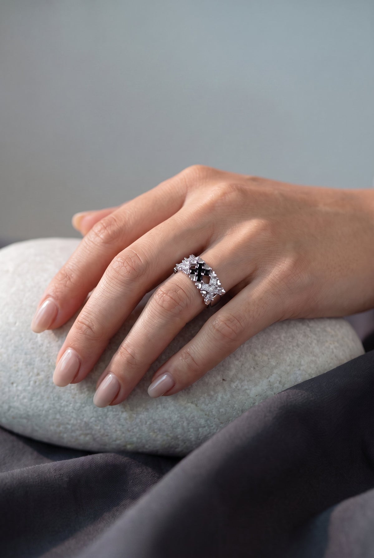 Checkmate Statement Ring | White Gold Plated Recycled Brass with Cubic Zirconia Accent