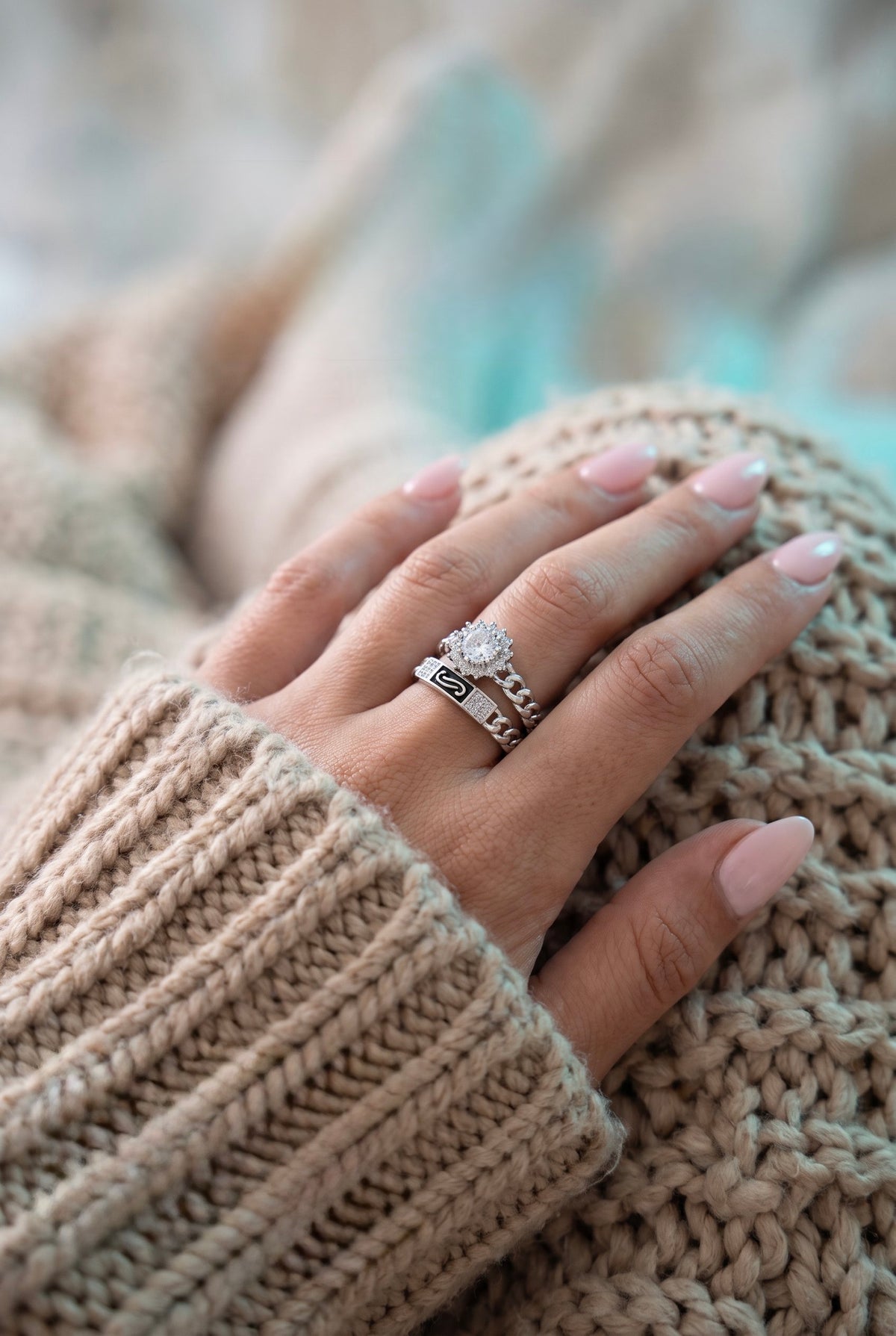 Cosmic Chain Halo Ring | White Gold Plated Recycled Brass with Cubic Zirconia