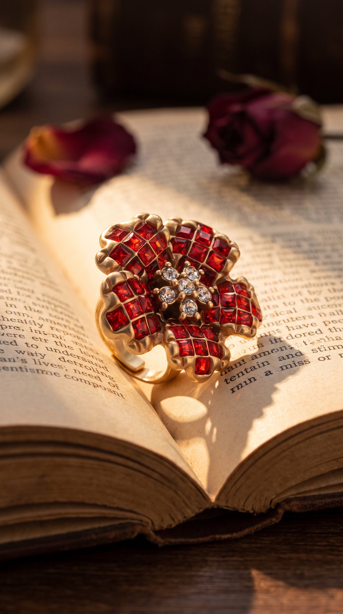 Crimson Bloom Ring | Gold Plated Recycled Brass with Red Cubic Zirconia