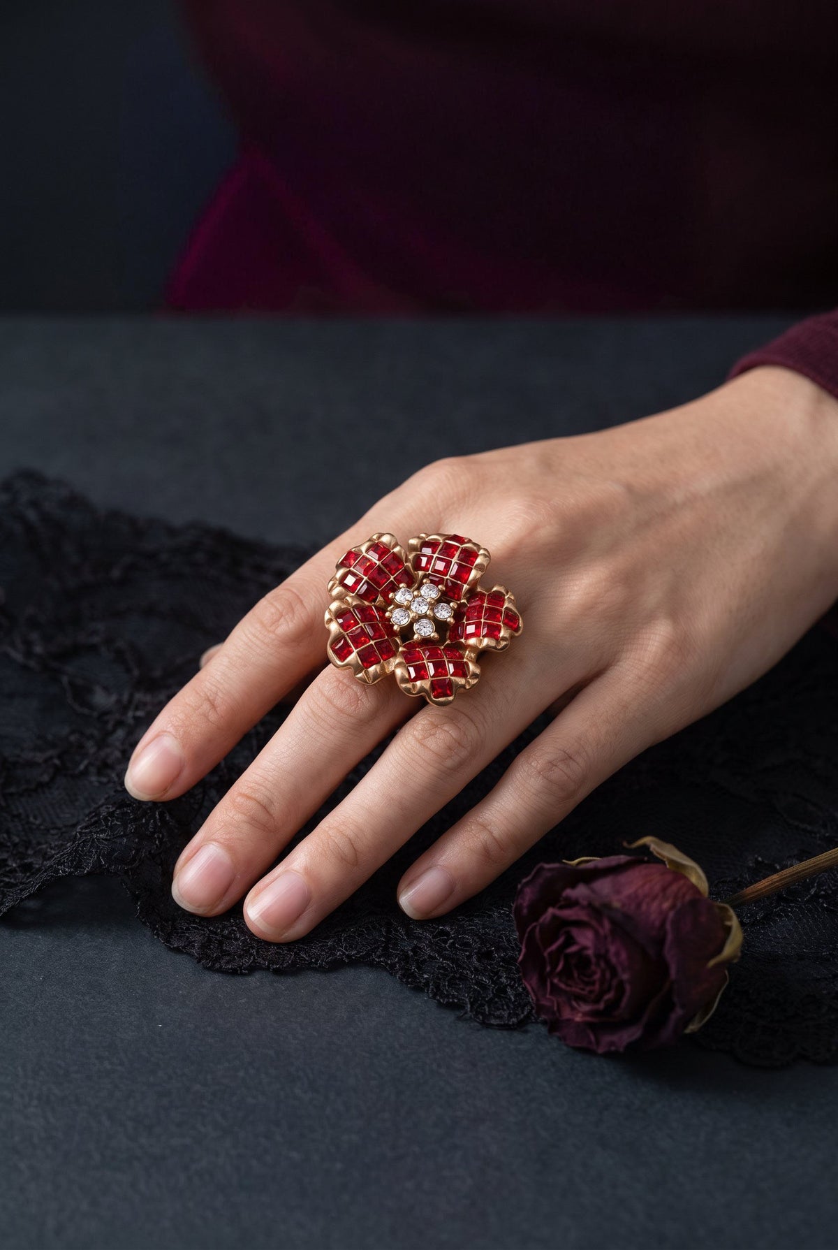 Crimson Bloom Ring | Gold Plated Recycled Brass with Red Cubic Zirconia